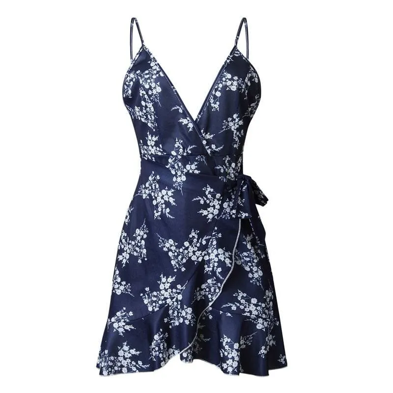 FashionSierra - Print Ruffled Wrap Dress Women Strap Mini Sundress