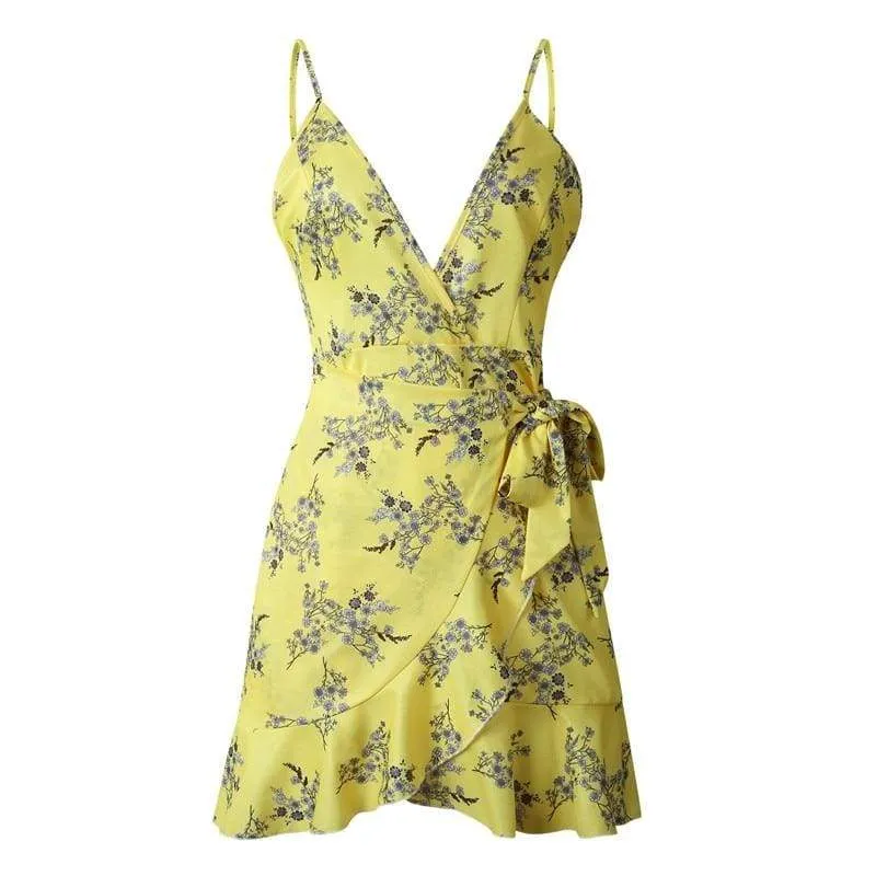 FashionSierra - Print Ruffled Wrap Dress Women Strap Mini Sundress