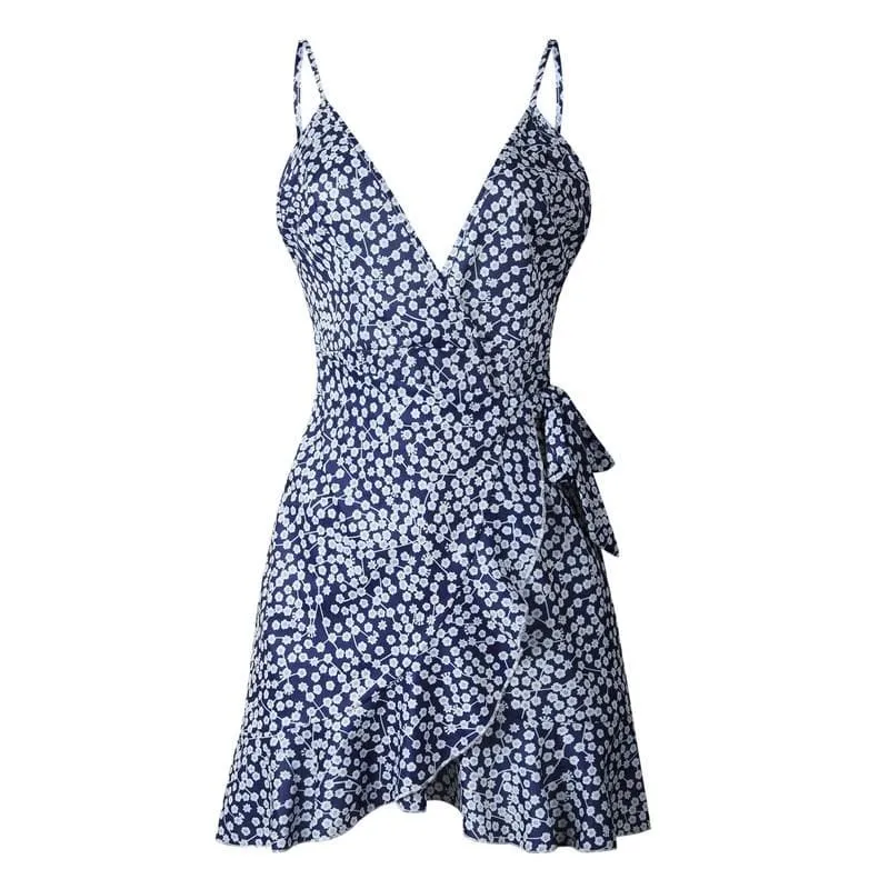 FashionSierra - Print Ruffled Wrap Dress Women Strap Mini Sundress