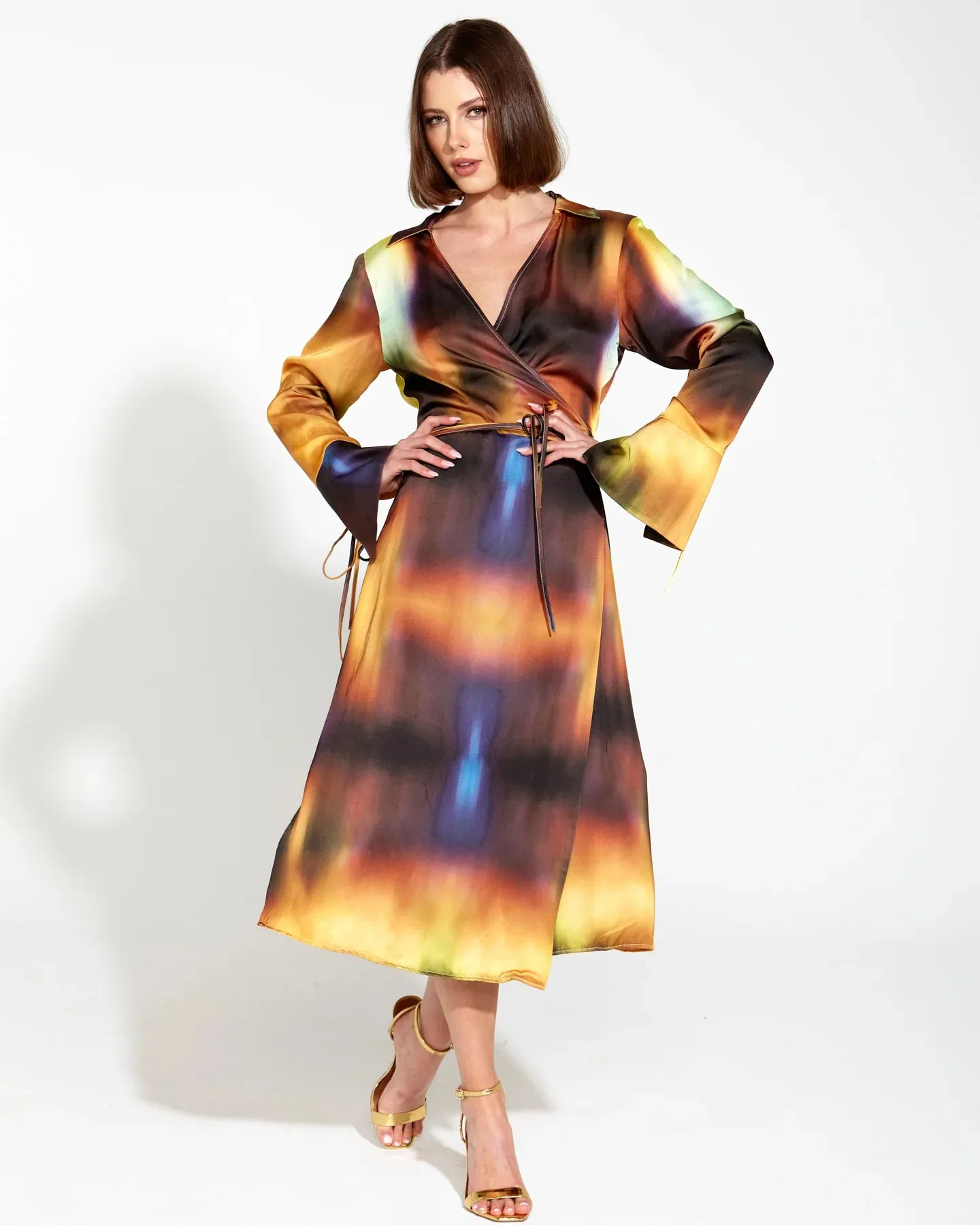 Fate Becker Orbit Satin Wrap Midi Dress