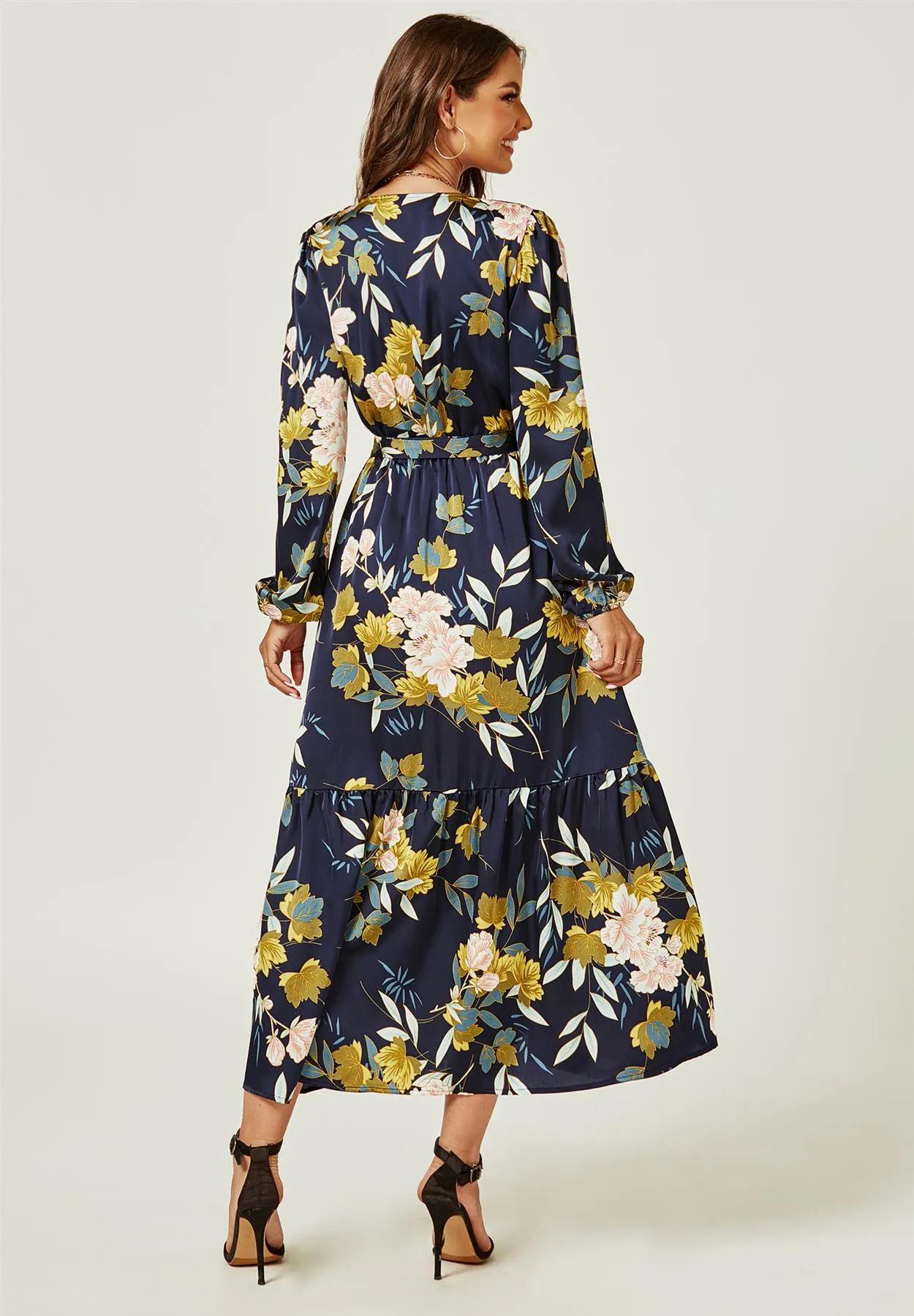 Feminine Floral Print Long Sleeve Wrap Midi Dress In Navy