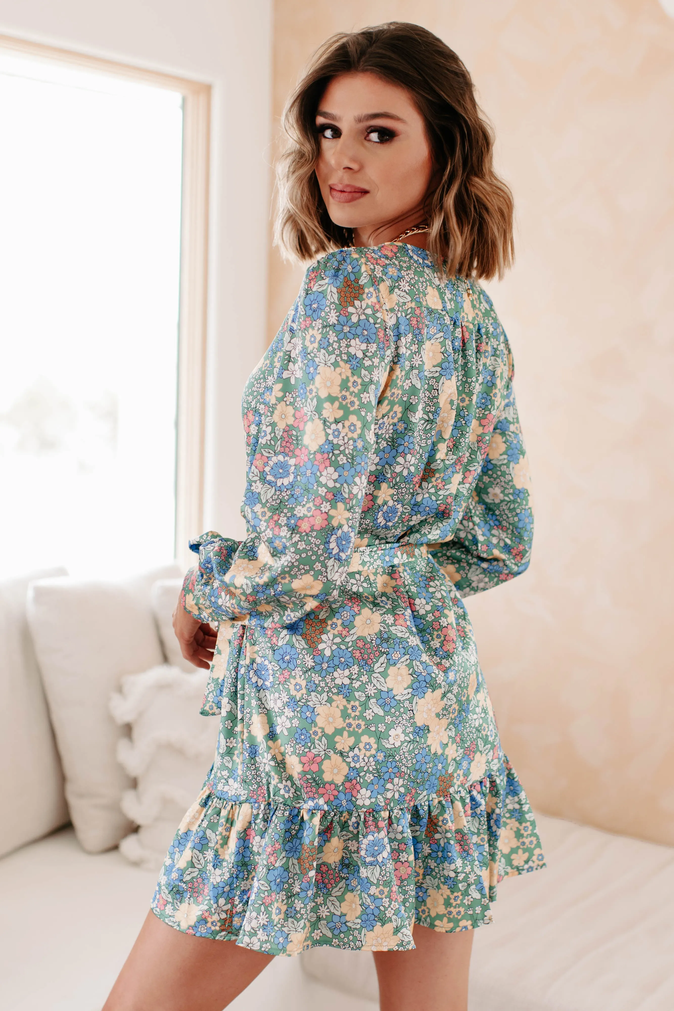 Finding My Passion Floral Wrap Dress (Dusty Green/Multi)