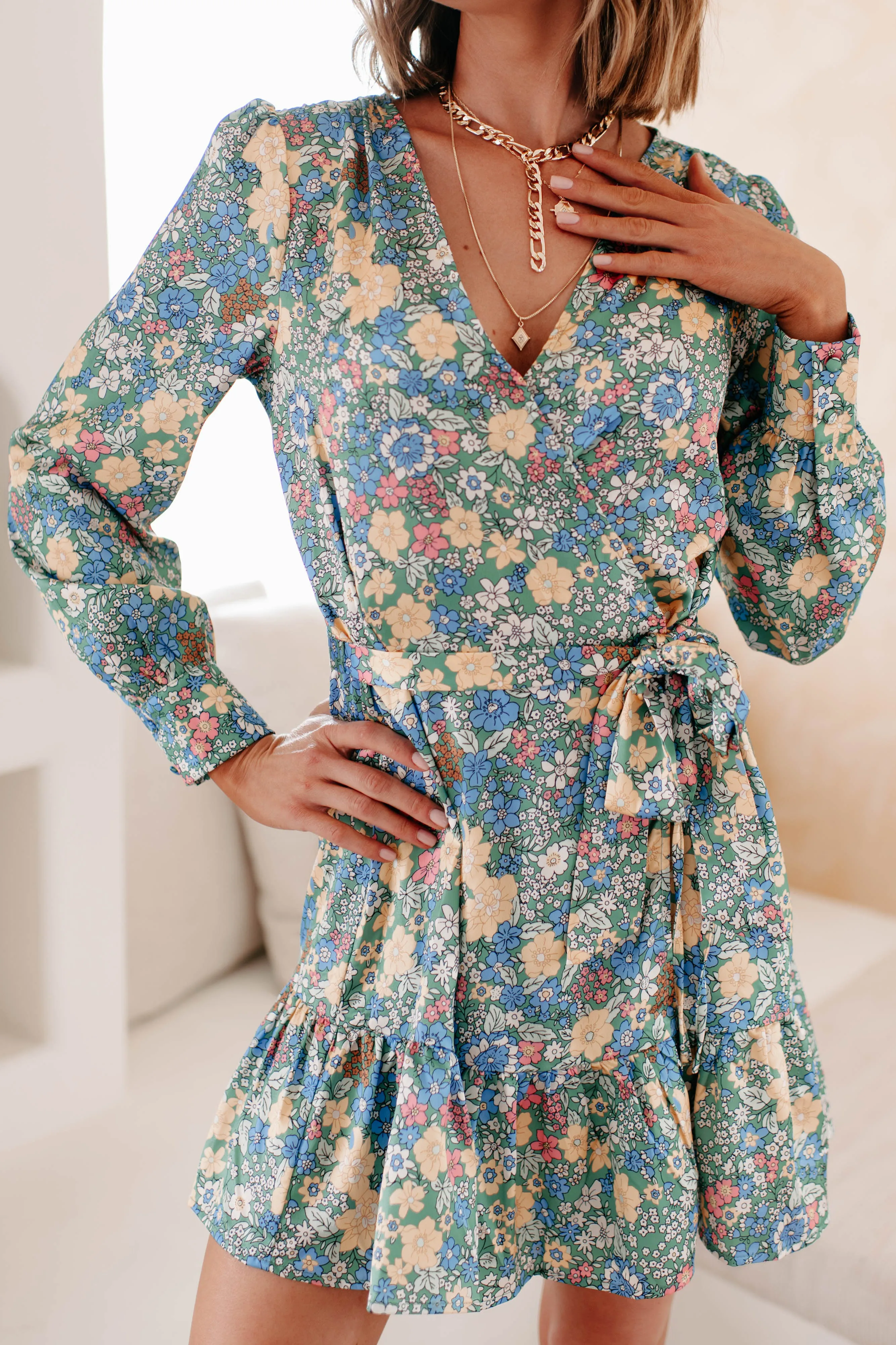 Finding My Passion Floral Wrap Dress (Dusty Green/Multi)