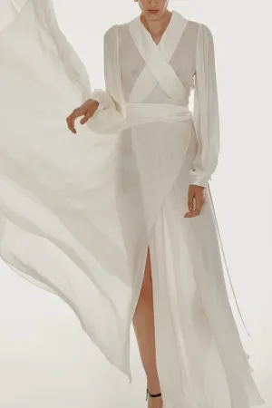 Floor length floaty chiffon wrap white dress