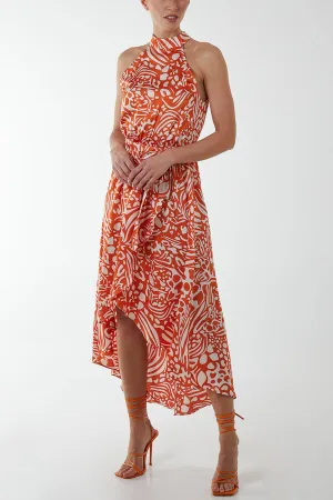 Floral Halter Neck Wrap Midi Dress