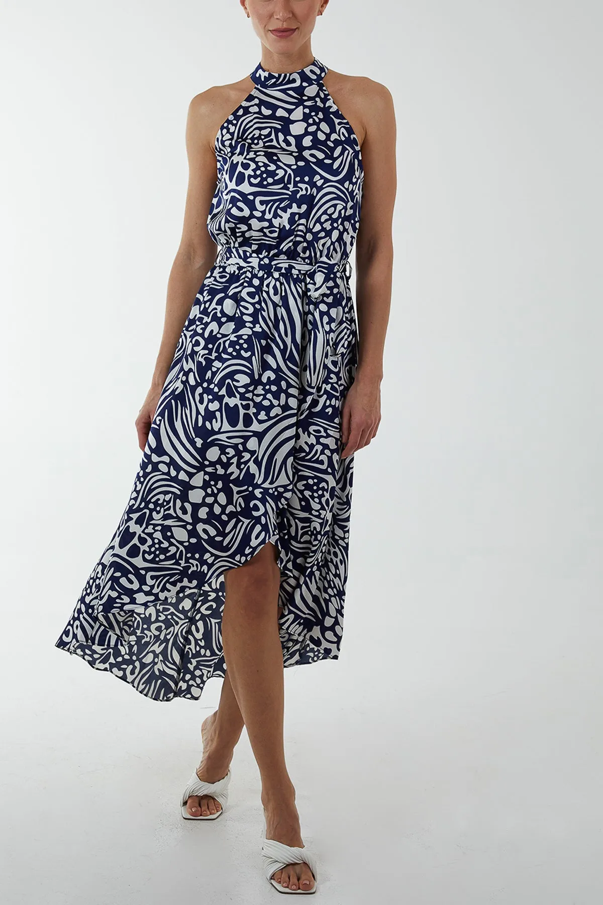 Floral Halter Neck Wrap Midi Dress
