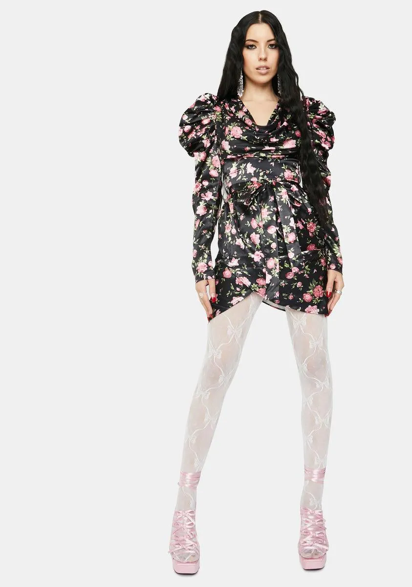 Floral Print Satin Wrap Mini Dress