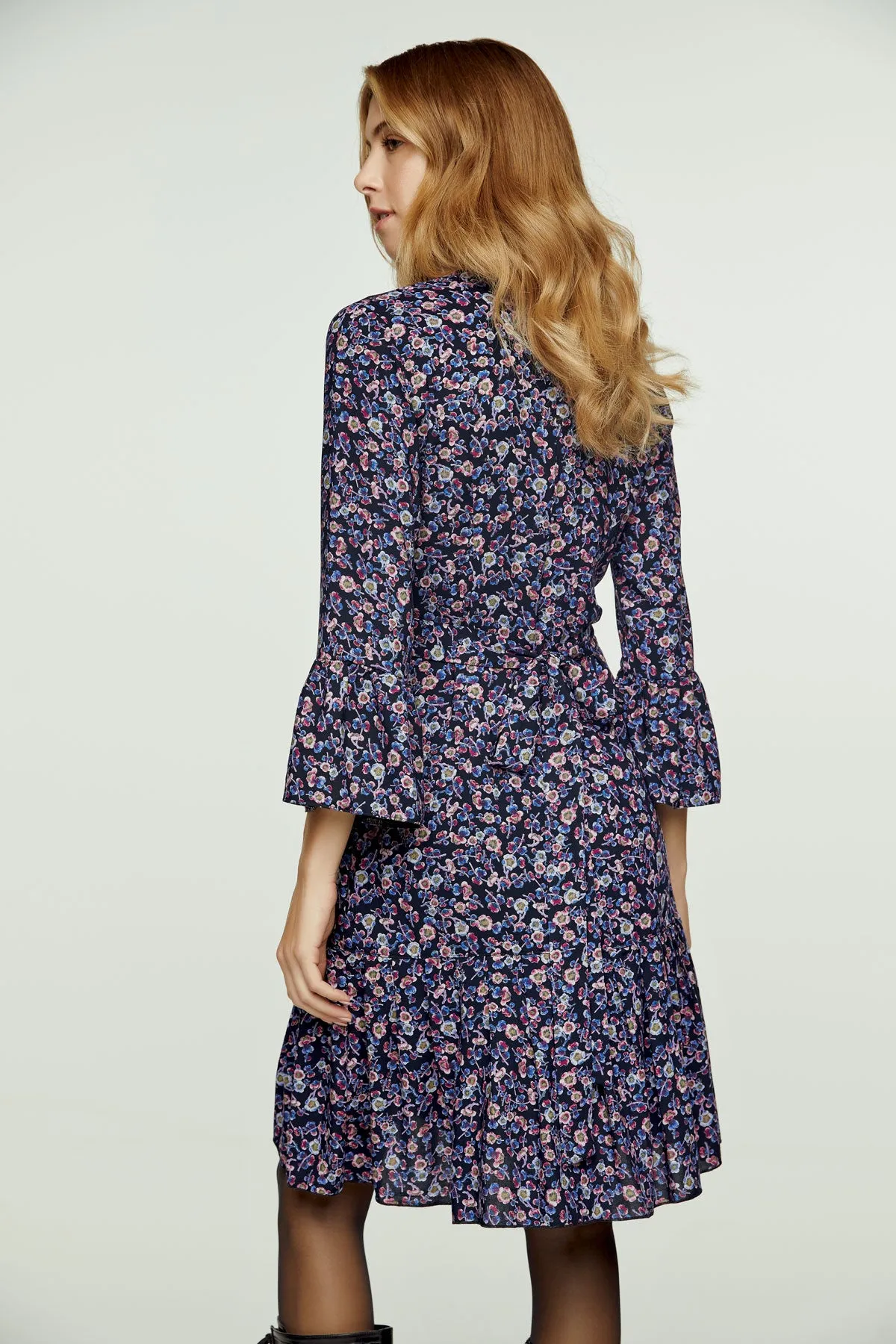 Floral Print Viscose Wrap Dress with Bell Sleeves
