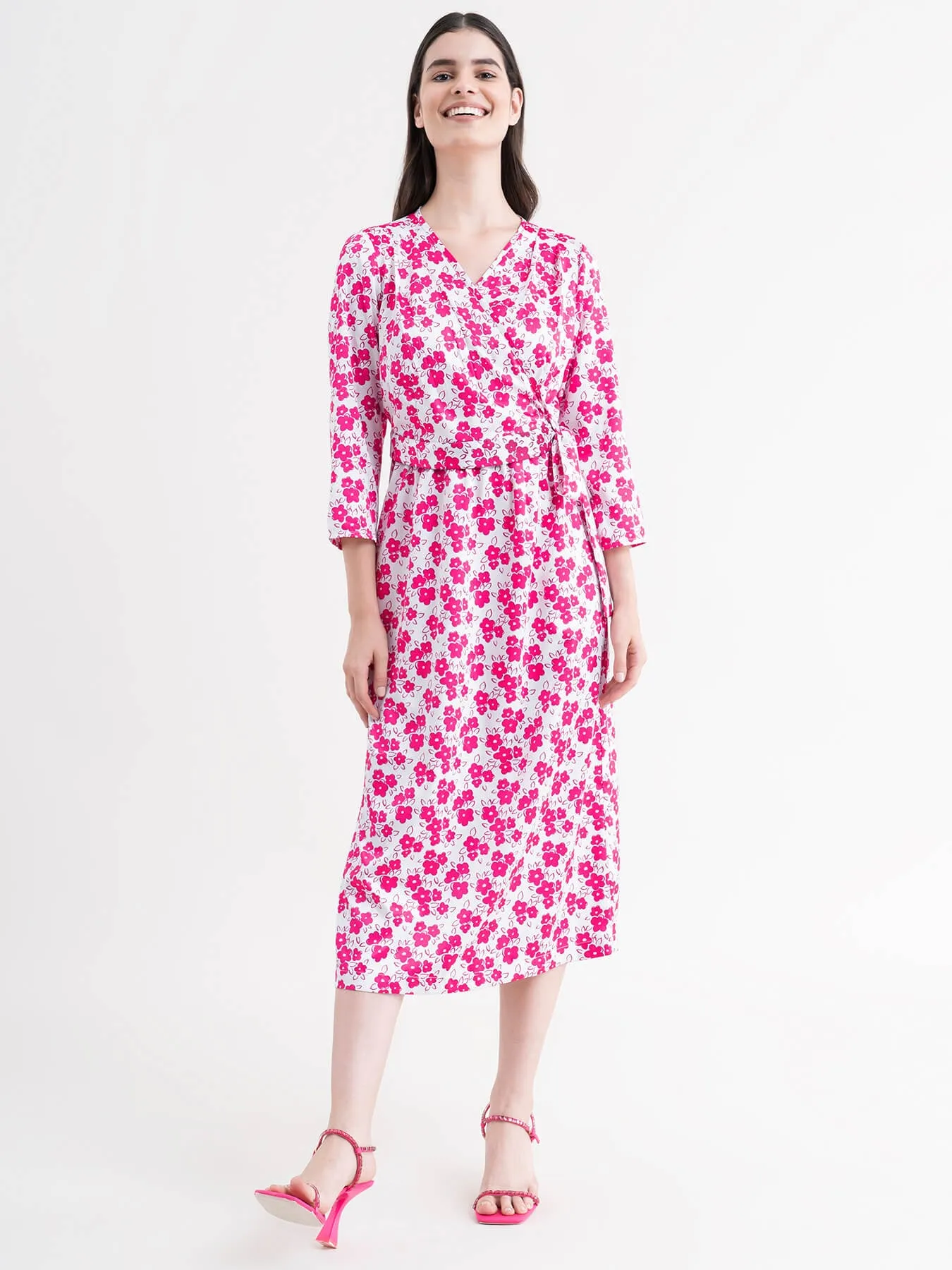 Floral Wrap Dress - Fuchsia