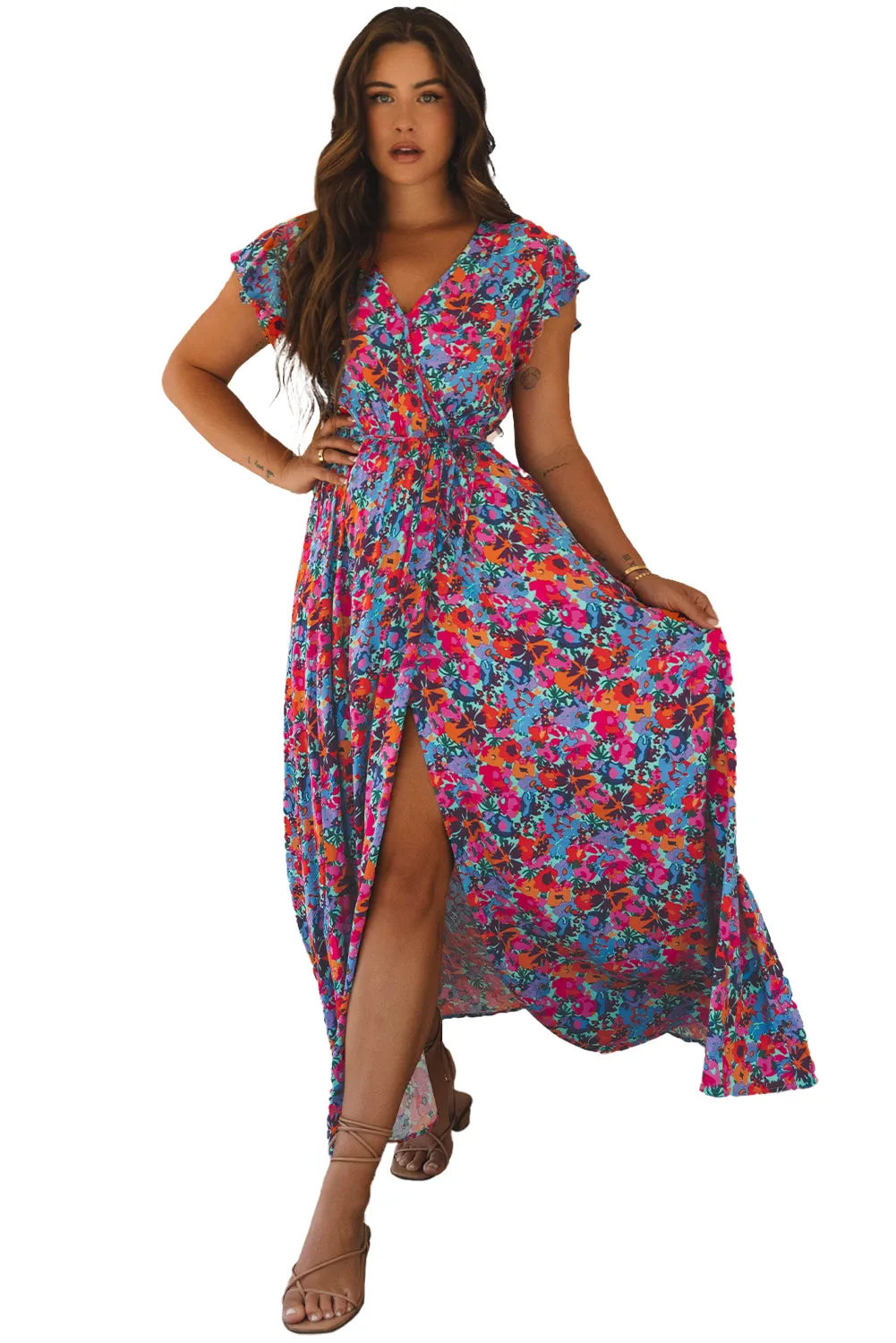 Flutter Sleeve Floral Print Wrap Maxi Dress