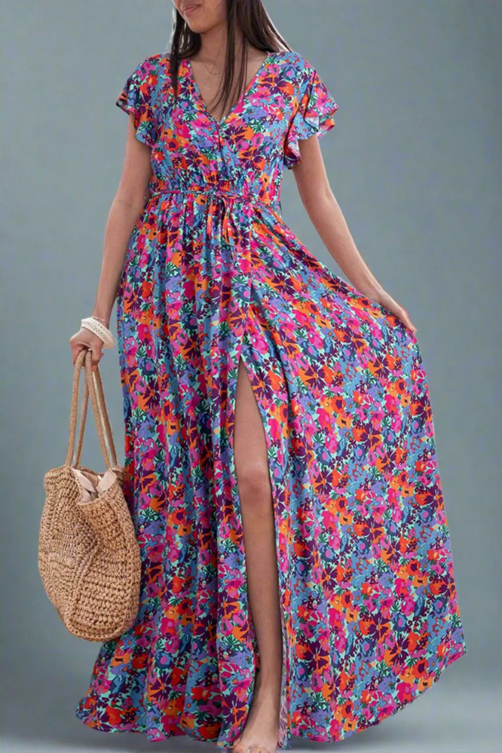 Flutter Sleeve Floral Print Wrap Maxi Dress