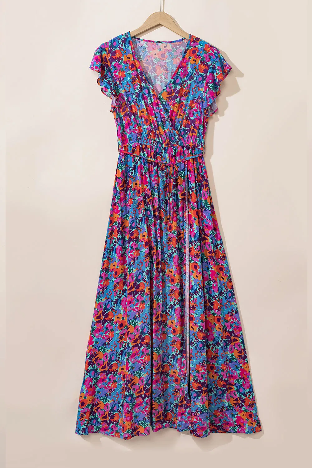 Flutter Sleeve Floral Print Wrap Maxi Dress