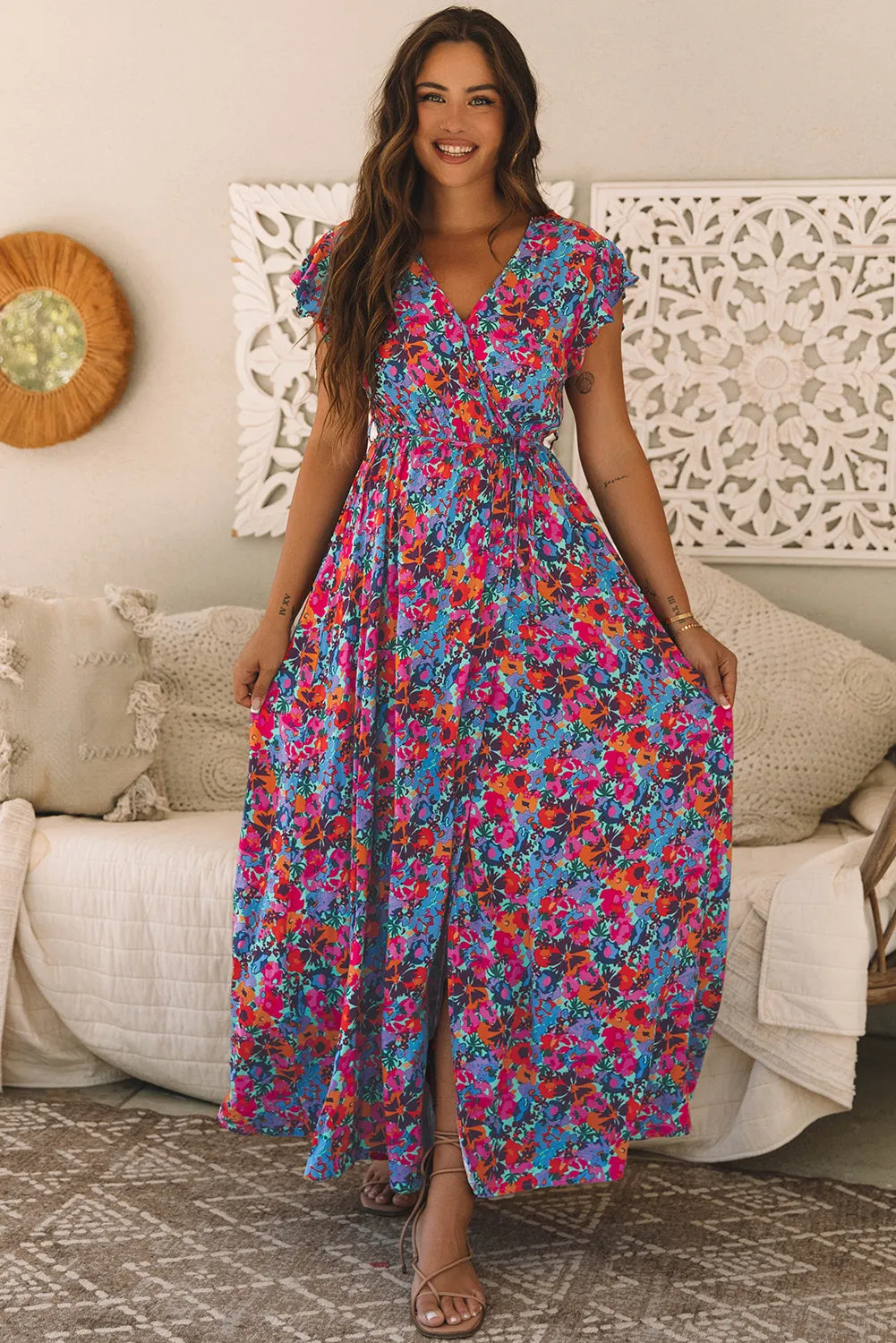 Flutter Sleeve Floral Print Wrap Maxi Dress