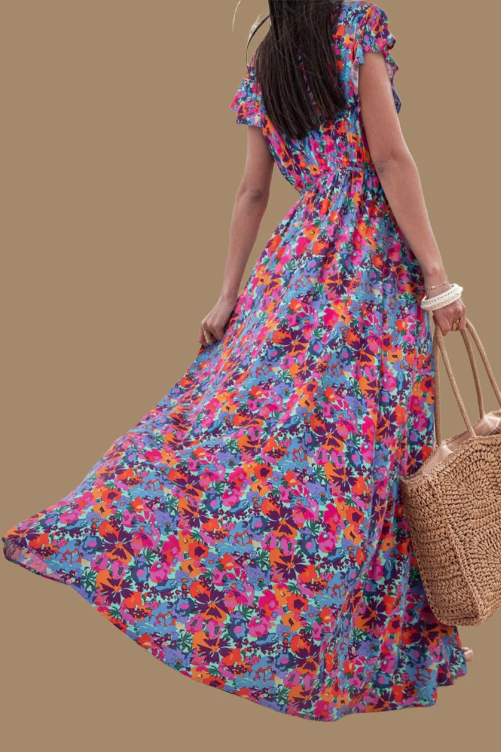 Flutter Sleeve Floral Print Wrap Maxi Dress