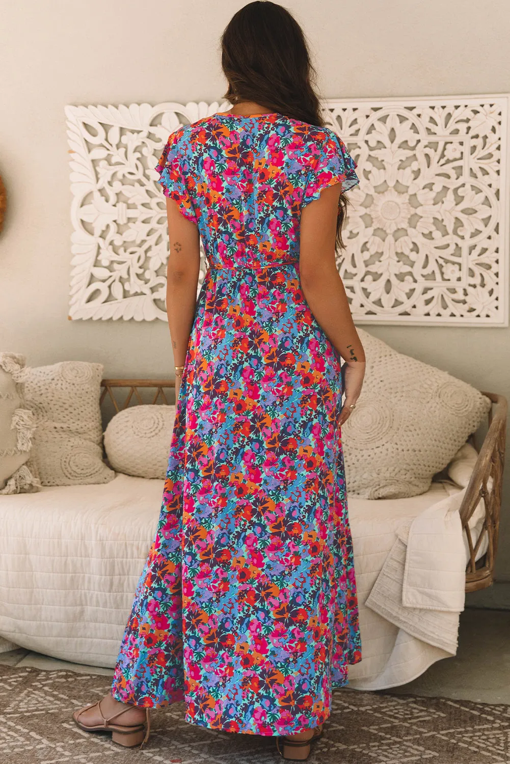 Flutter Sleeve Floral Print Wrap Maxi Dress