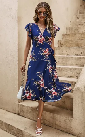 Frill Shoulder Sleeve Floral Midi Wrap Dress In Navy