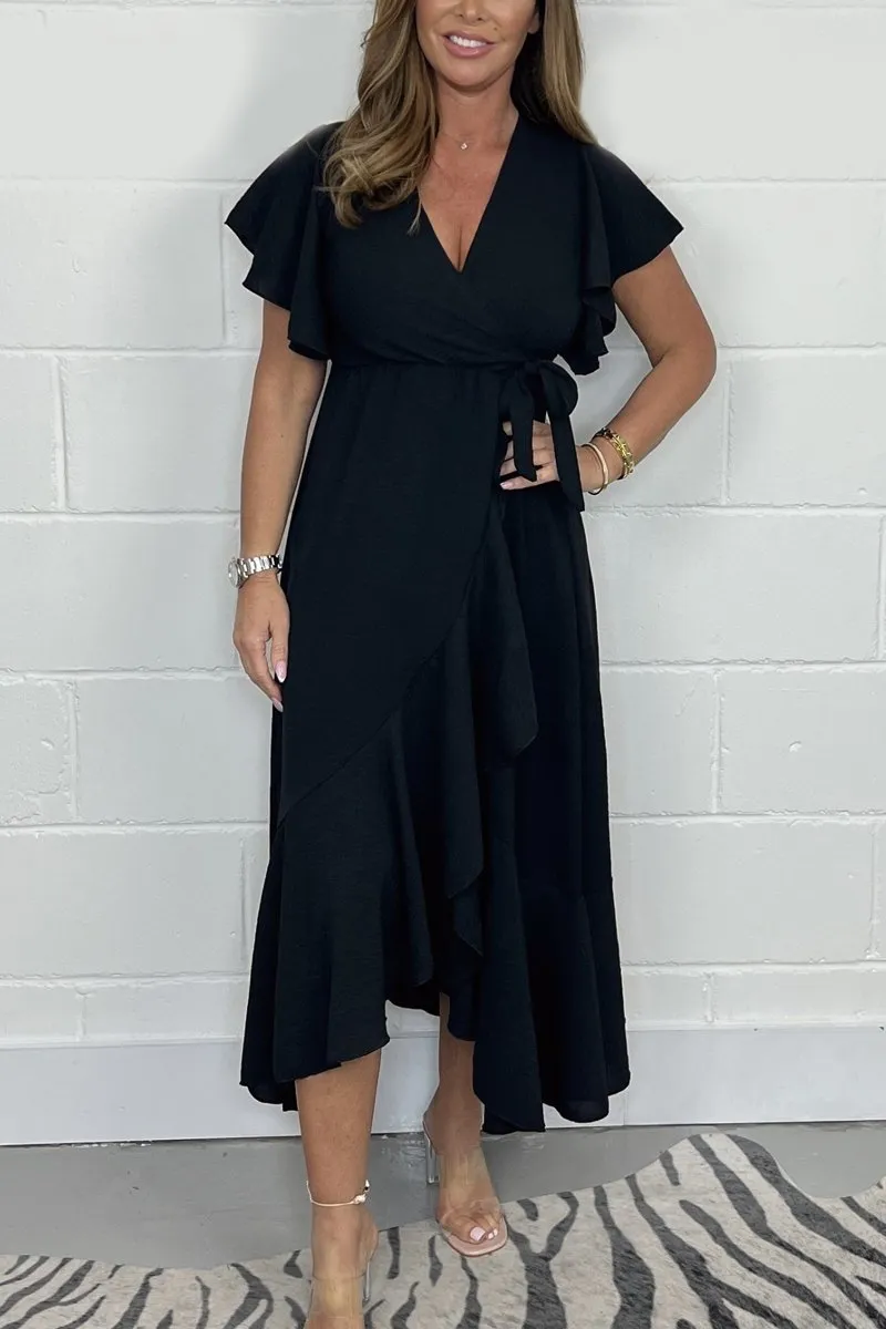 Frill Tie Waist Wrap Maxi Dress