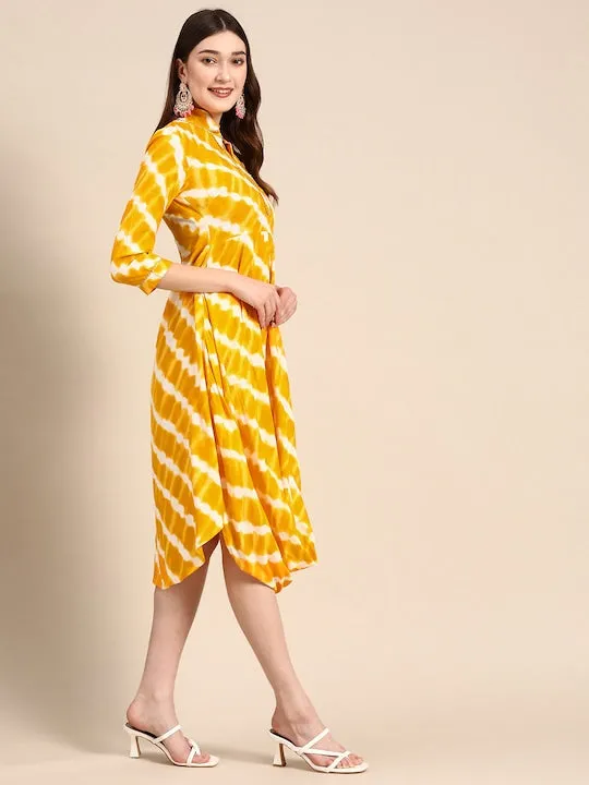 Front Cowl Chinese Collar Printed Dress