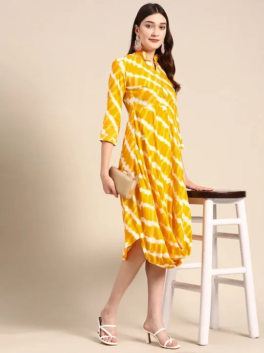 Front Cowl Chinese Collar Printed Dress