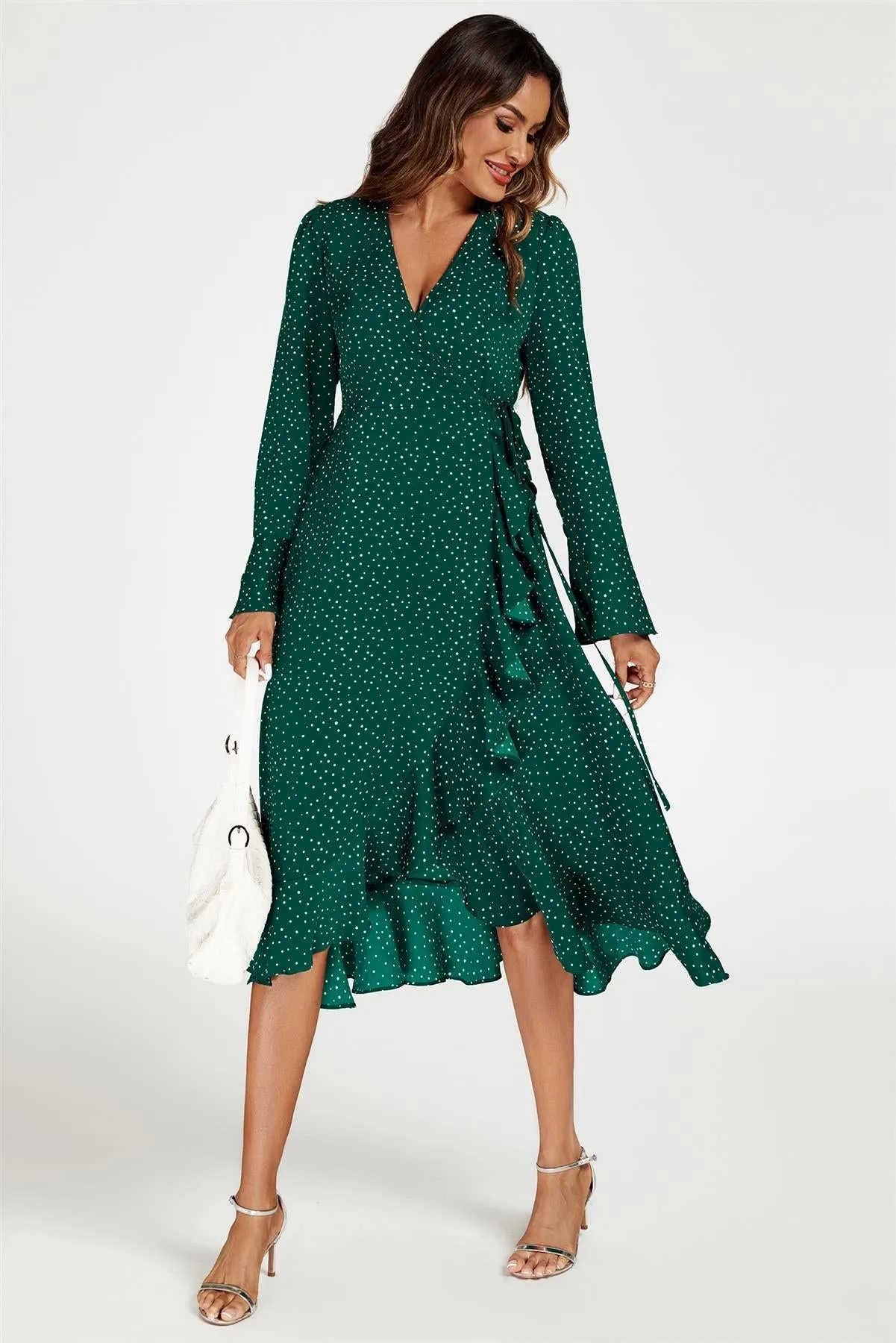 FS Collection Frill Hem Green Dot Wrap Midi Dress