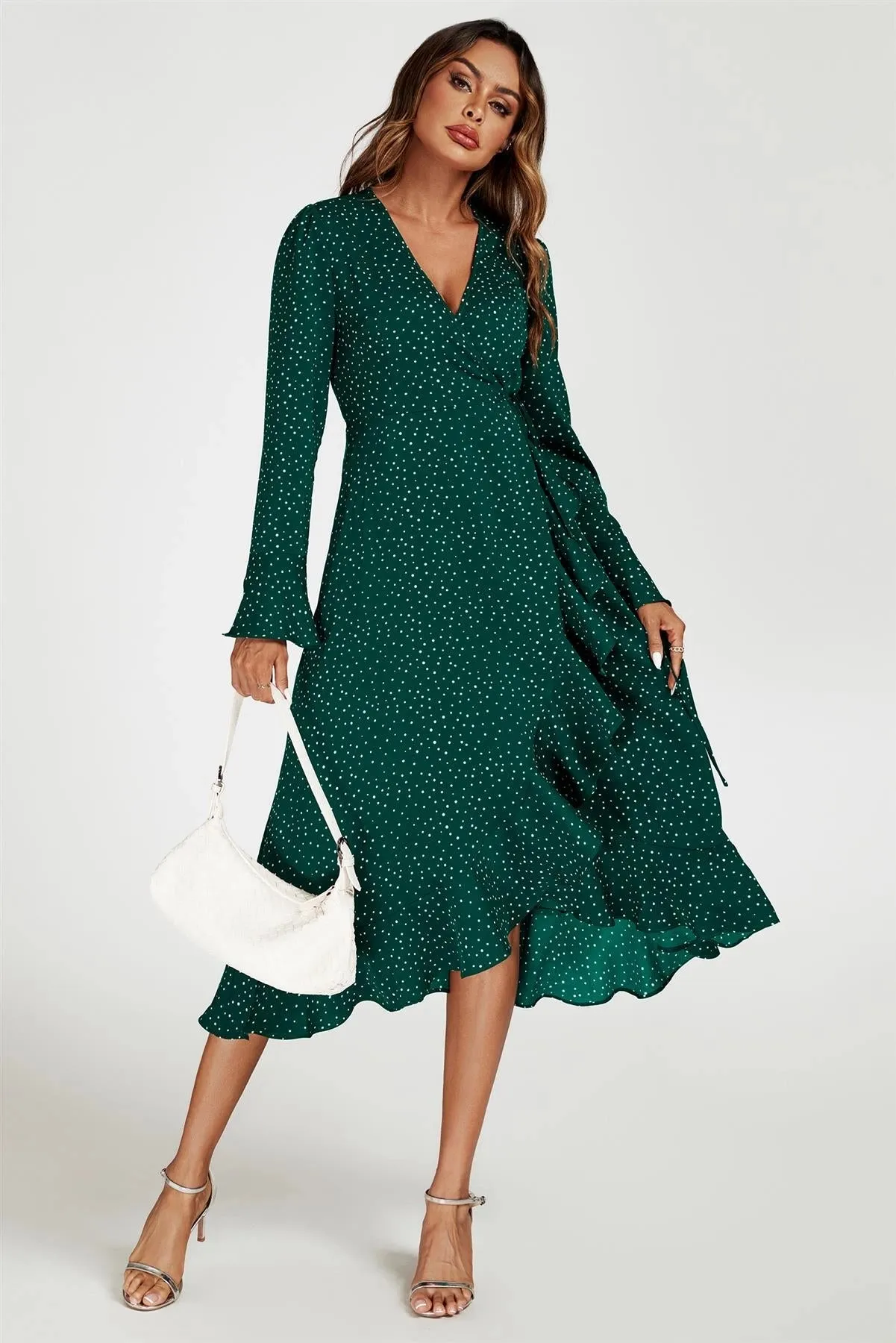 FS Collection Frill Hem Green Dot Wrap Midi Dress