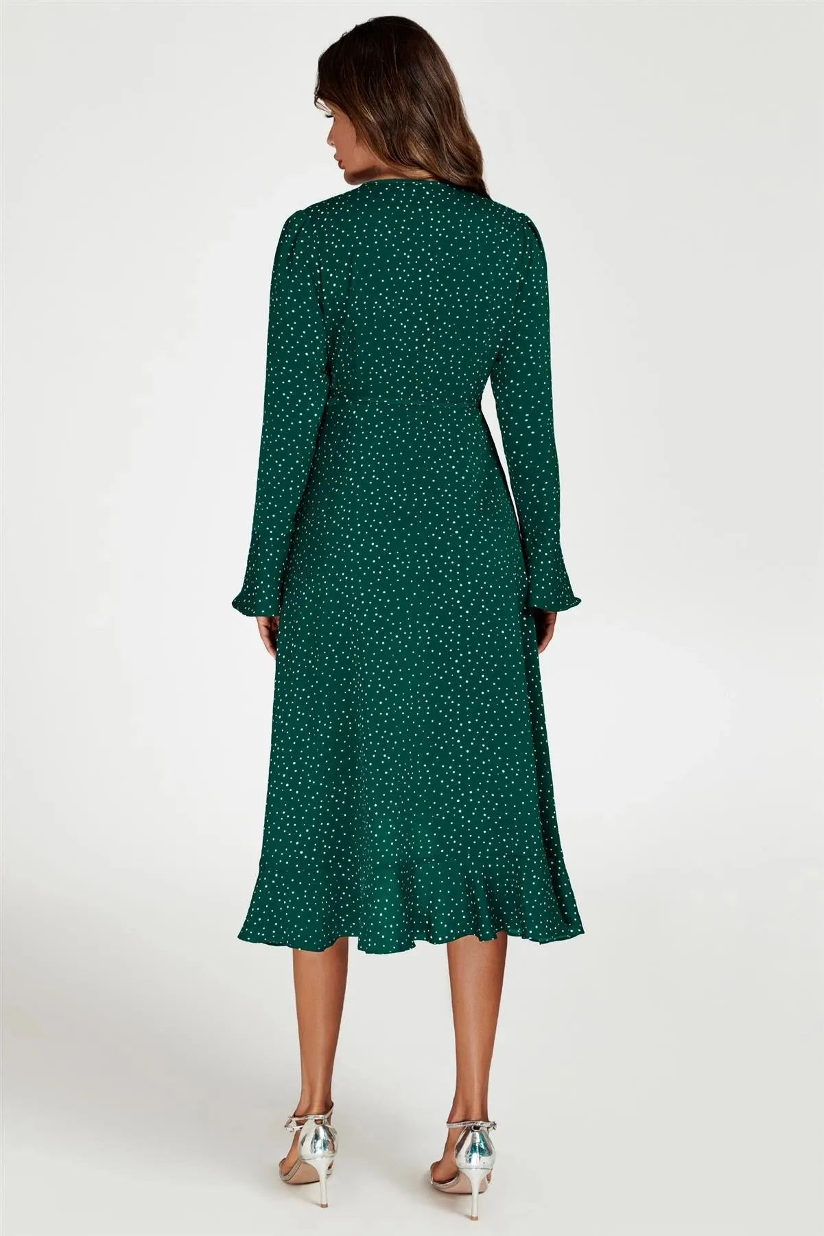 FS Collection Frill Hem Green Dot Wrap Midi Dress