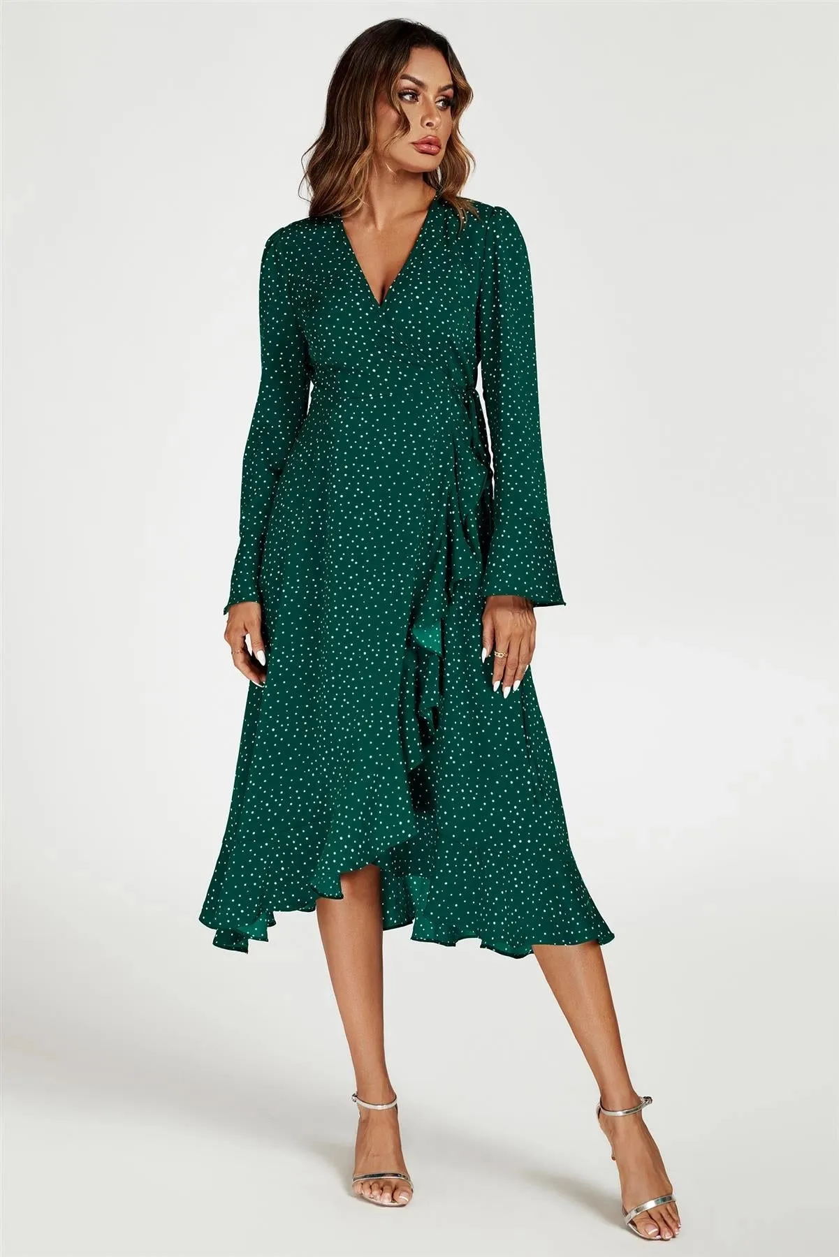 FS Collection Frill Hem Green Dot Wrap Midi Dress