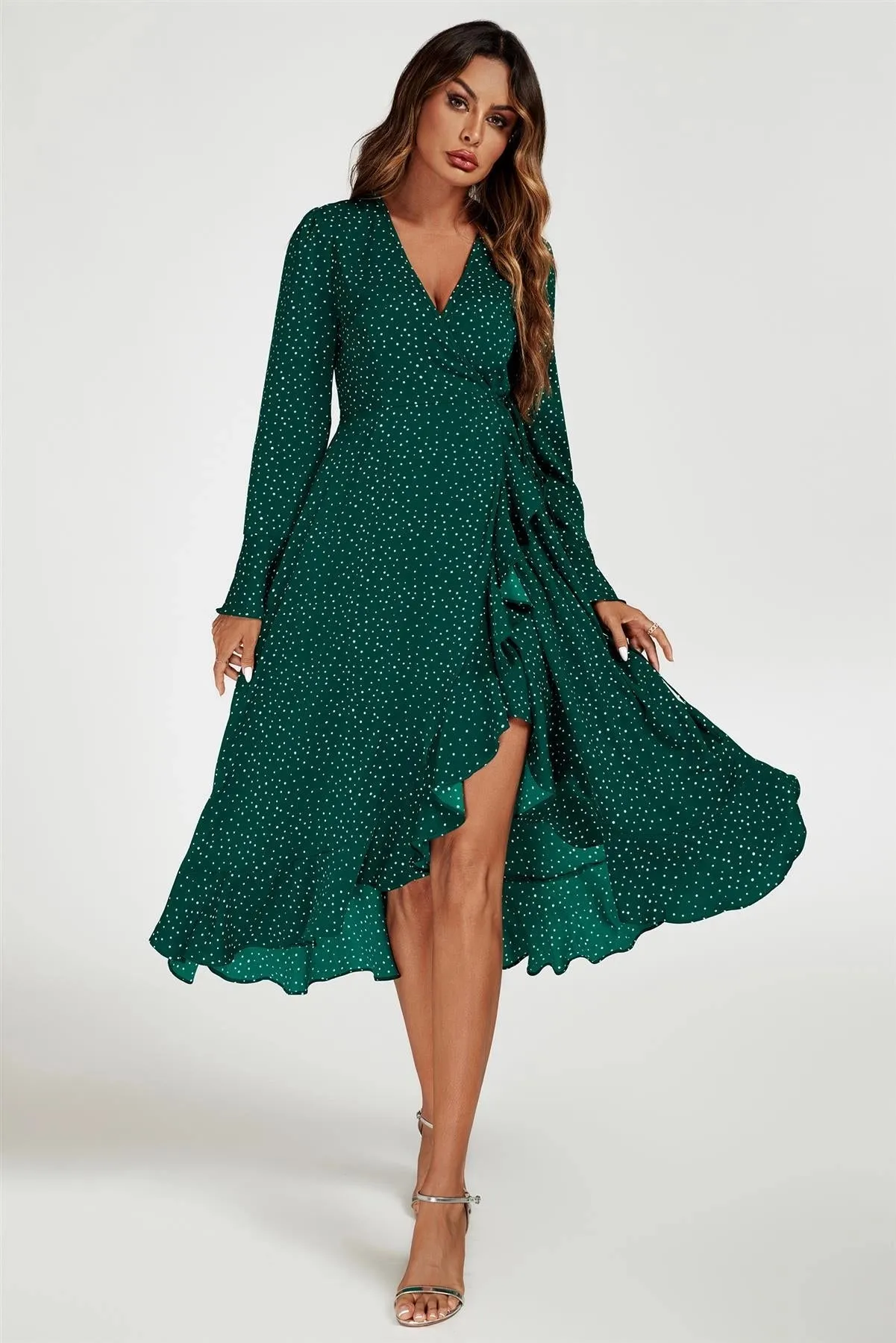 FS Collection Frill Hem Green Dot Wrap Midi Dress
