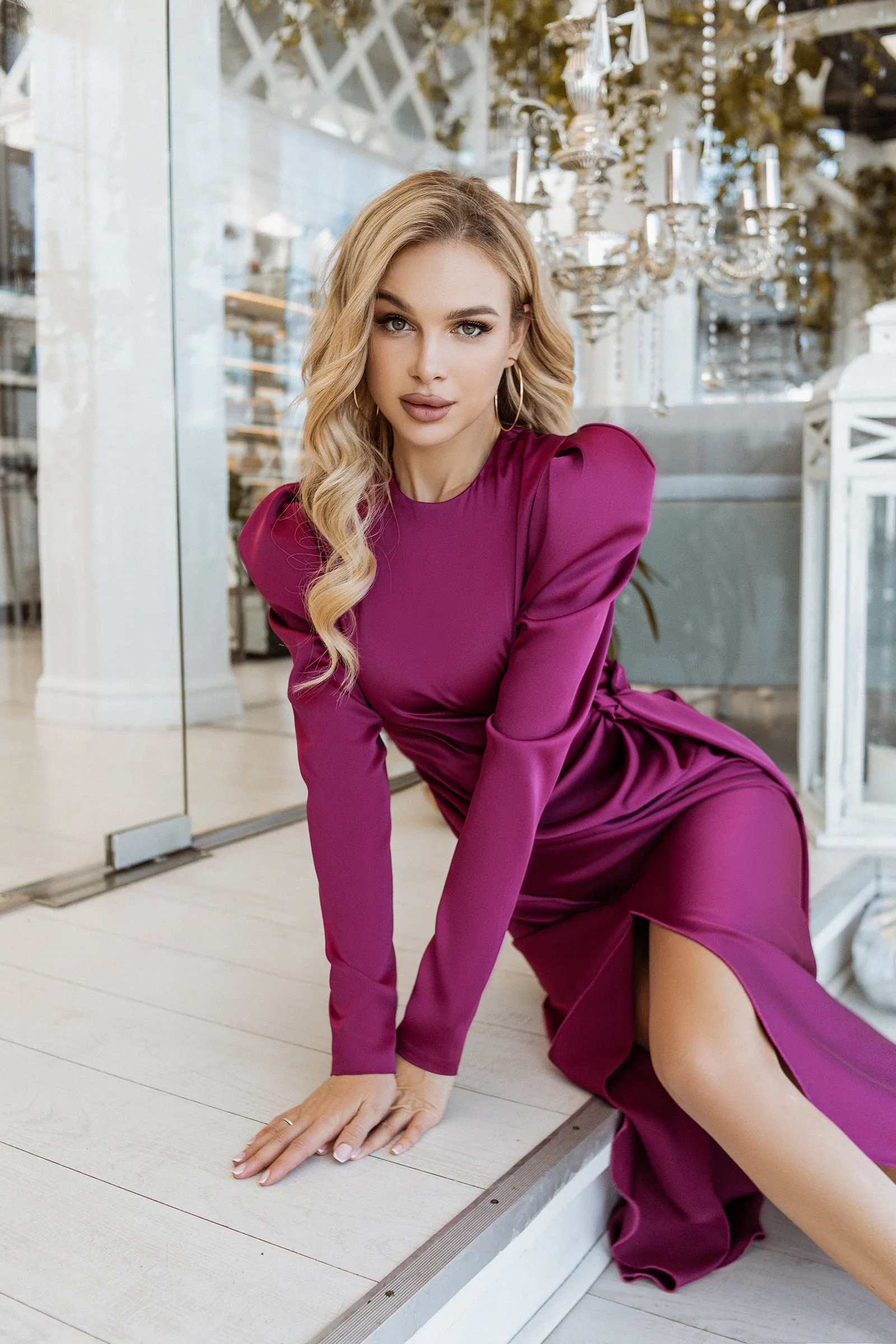 Fuchsia Puff Sleeve Wrap Dress