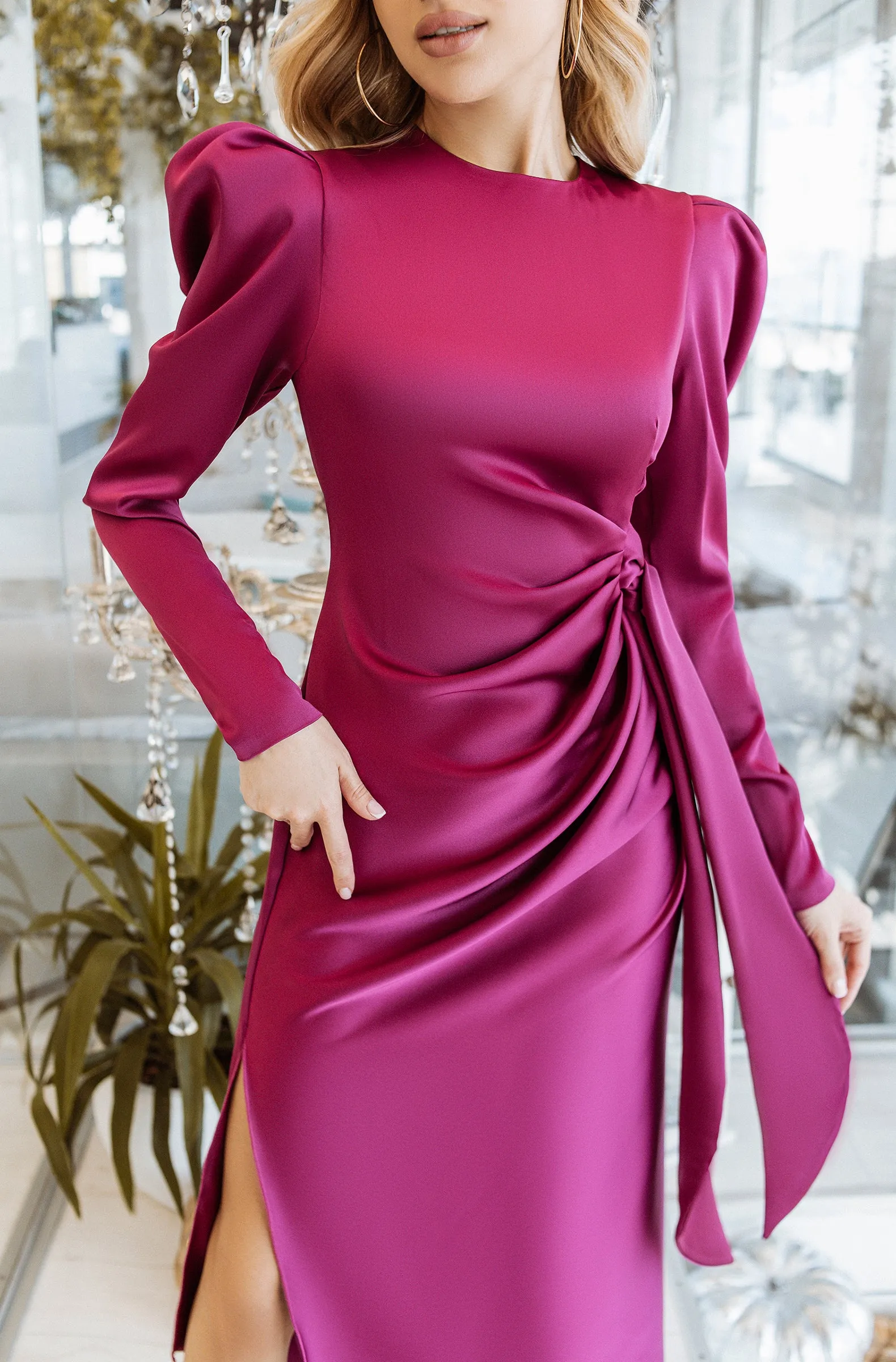 Fuchsia Puff Sleeve Wrap Dress