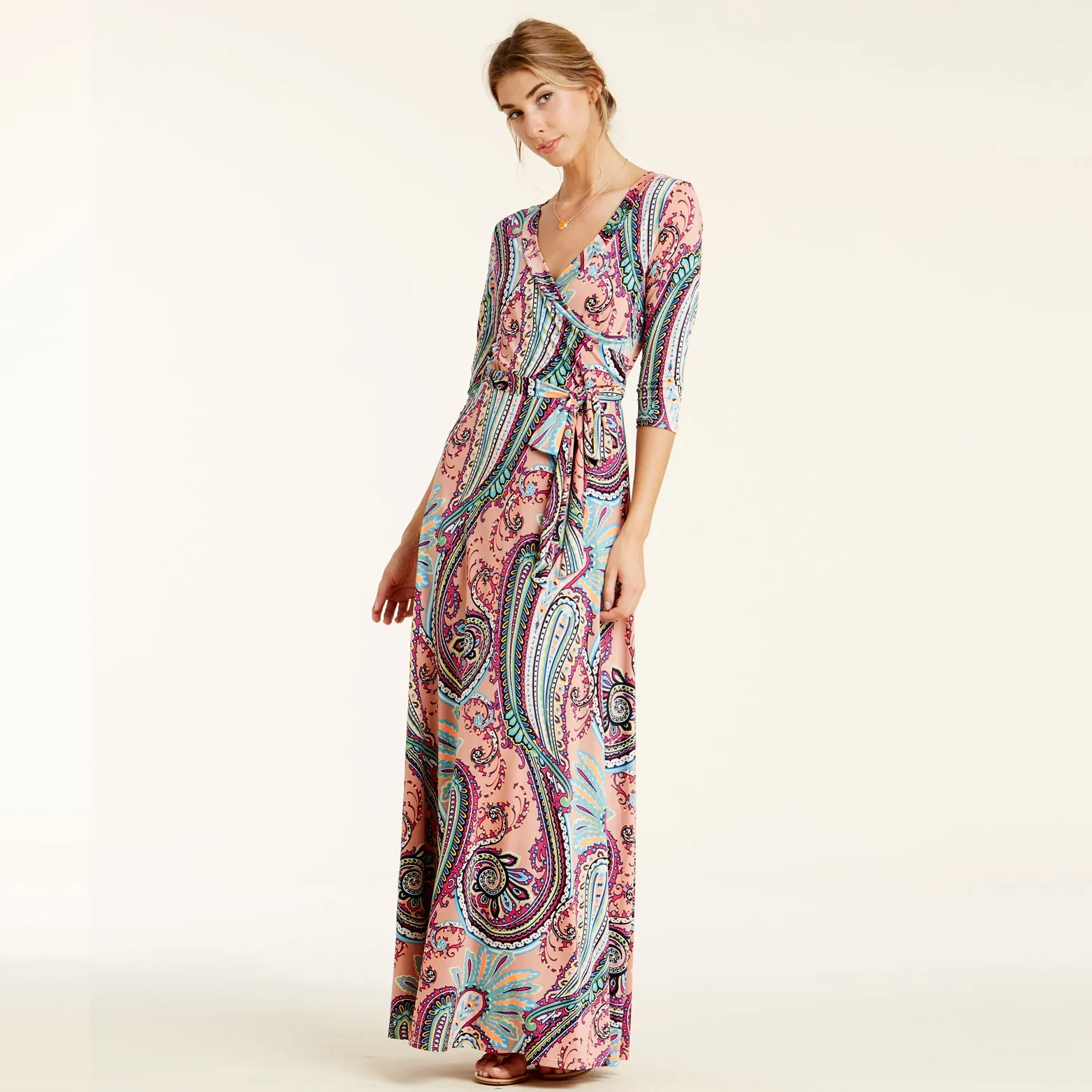 Fuchsia Vintage Paisley Venechia Maxi Wrap Dress