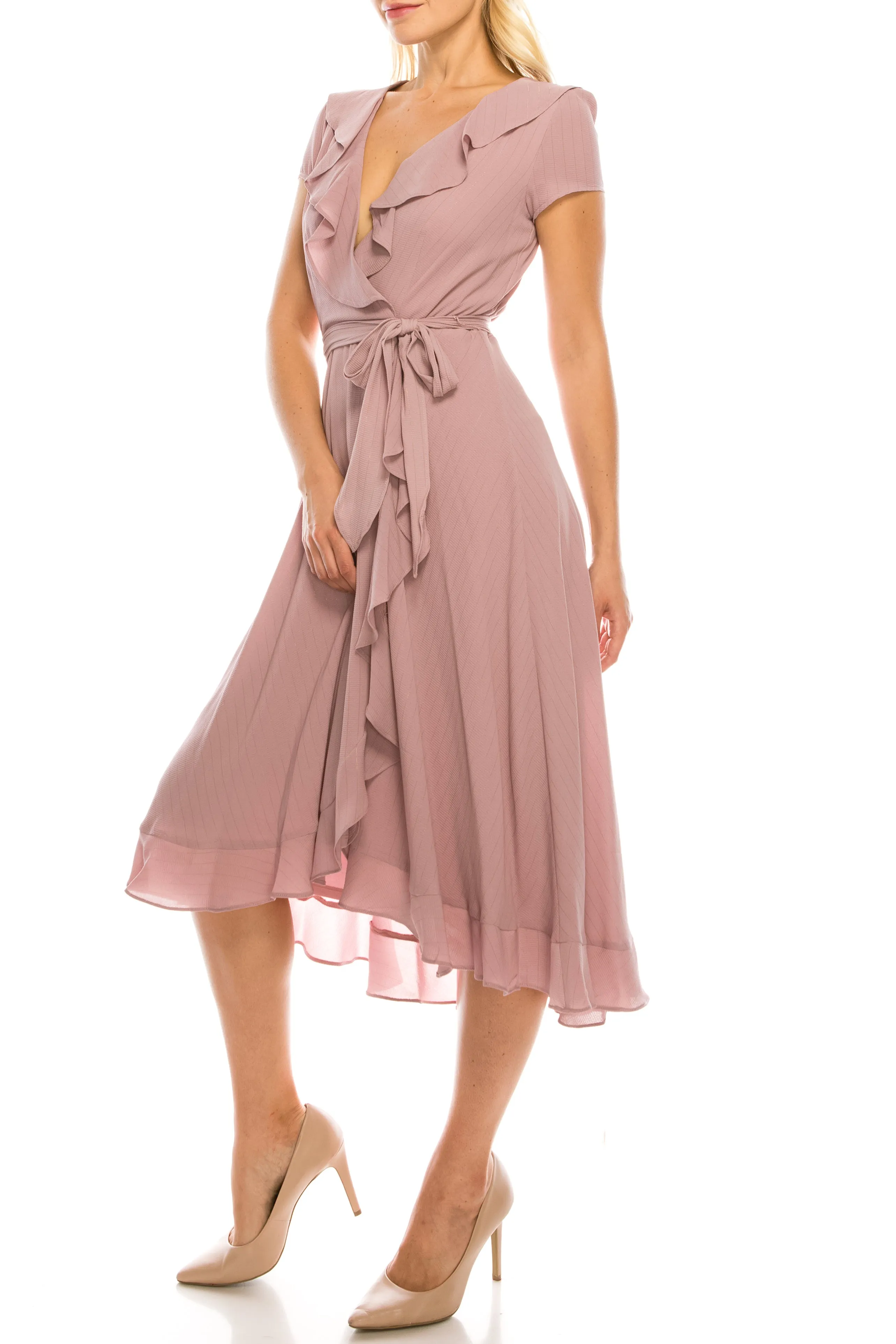 Gabby Skye Metallic Pinstriped Ruffled Midi Faux Wrap Dress (Additional Colors)