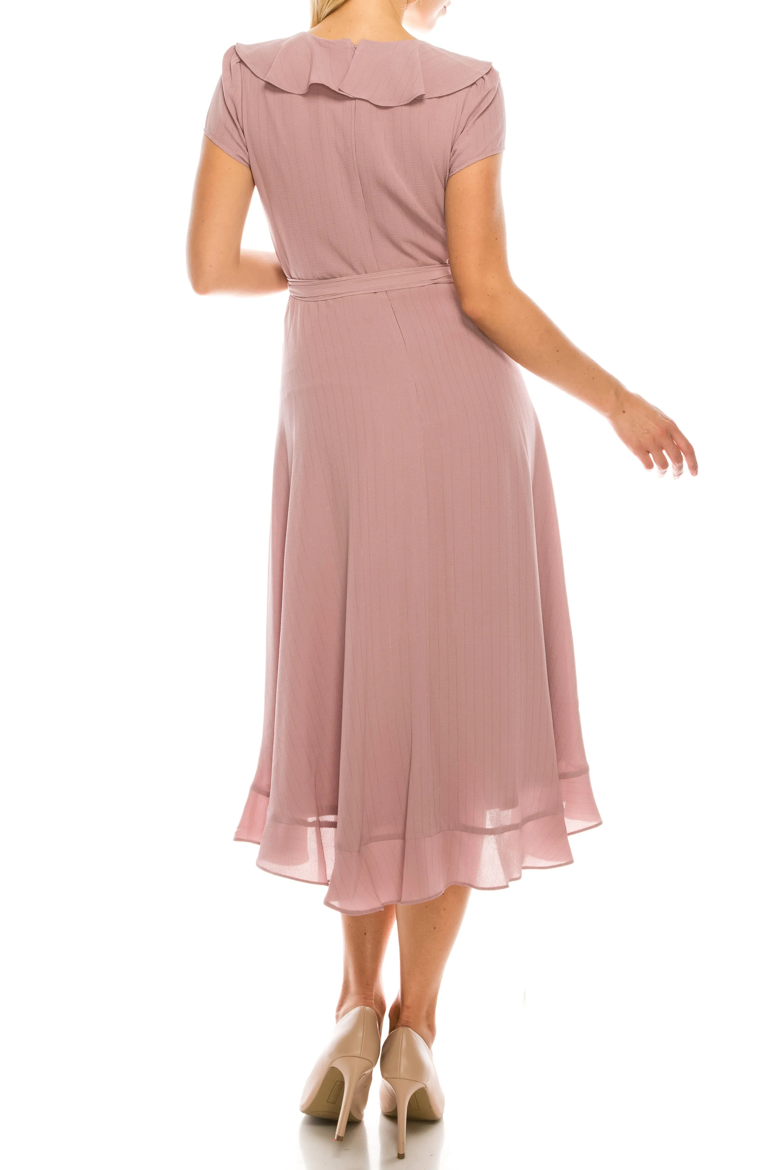 Gabby Skye Metallic Pinstriped Ruffled Midi Faux Wrap Dress (Additional Colors)