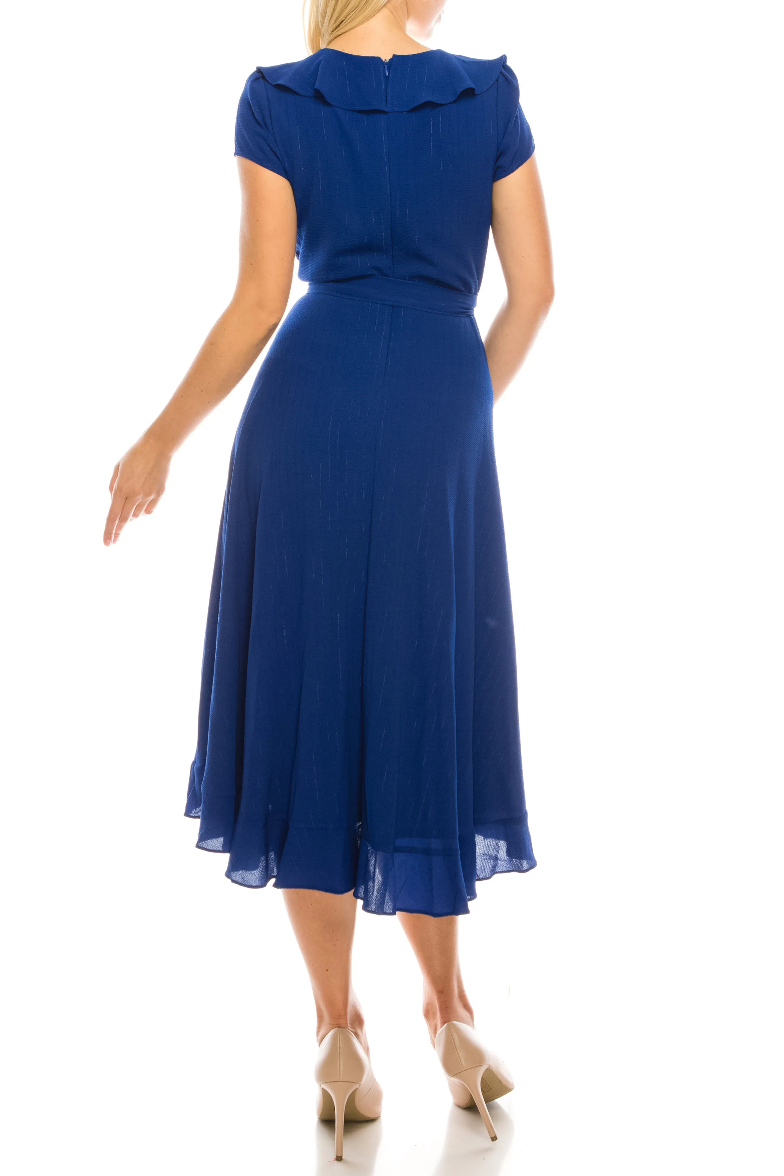 Gabby Skye Metallic Pinstriped Ruffled Midi Faux Wrap Dress (Additional Colors)