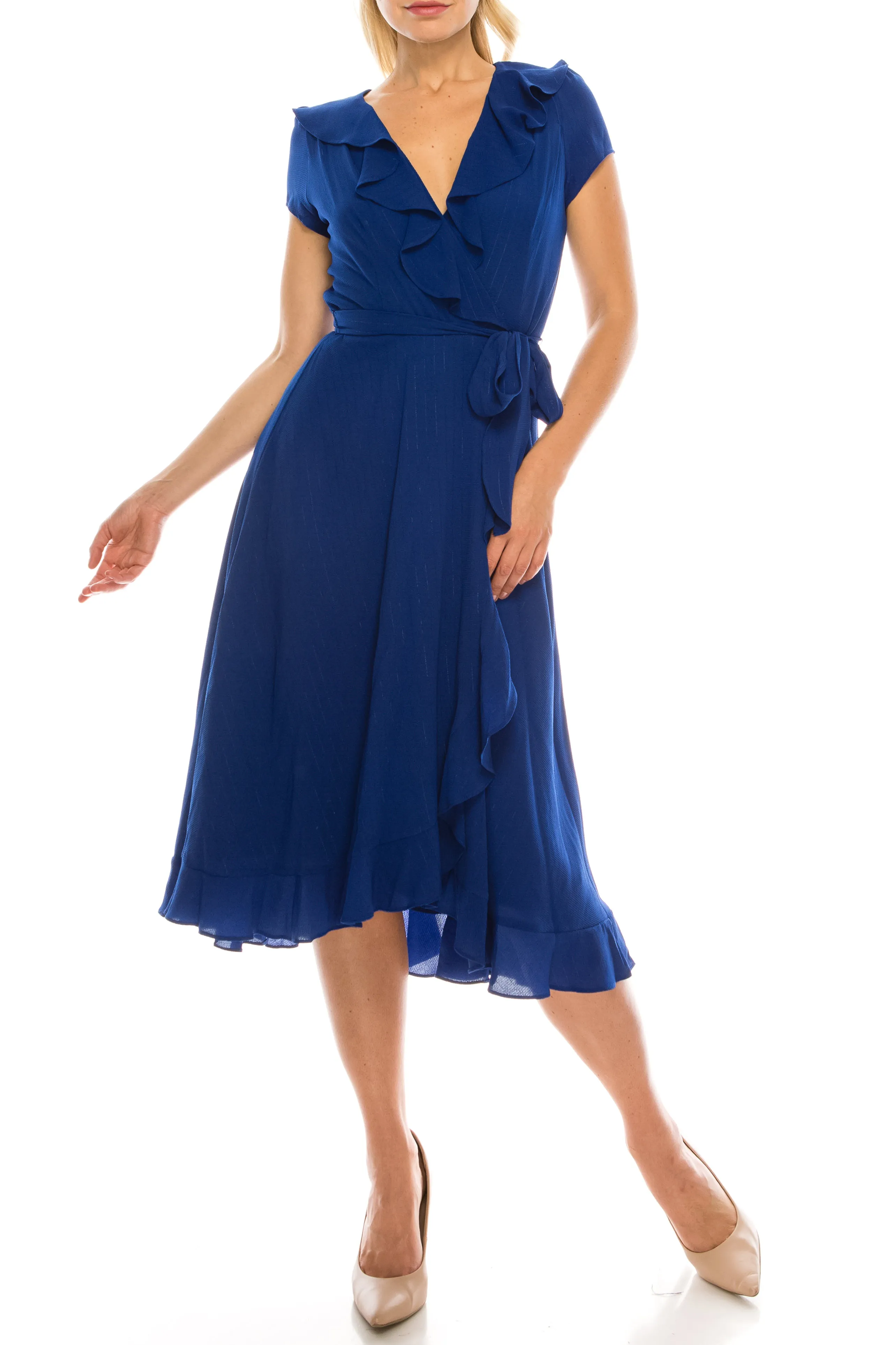 Gabby Skye Metallic Pinstriped Ruffled Midi Faux Wrap Dress (Additional Colors)