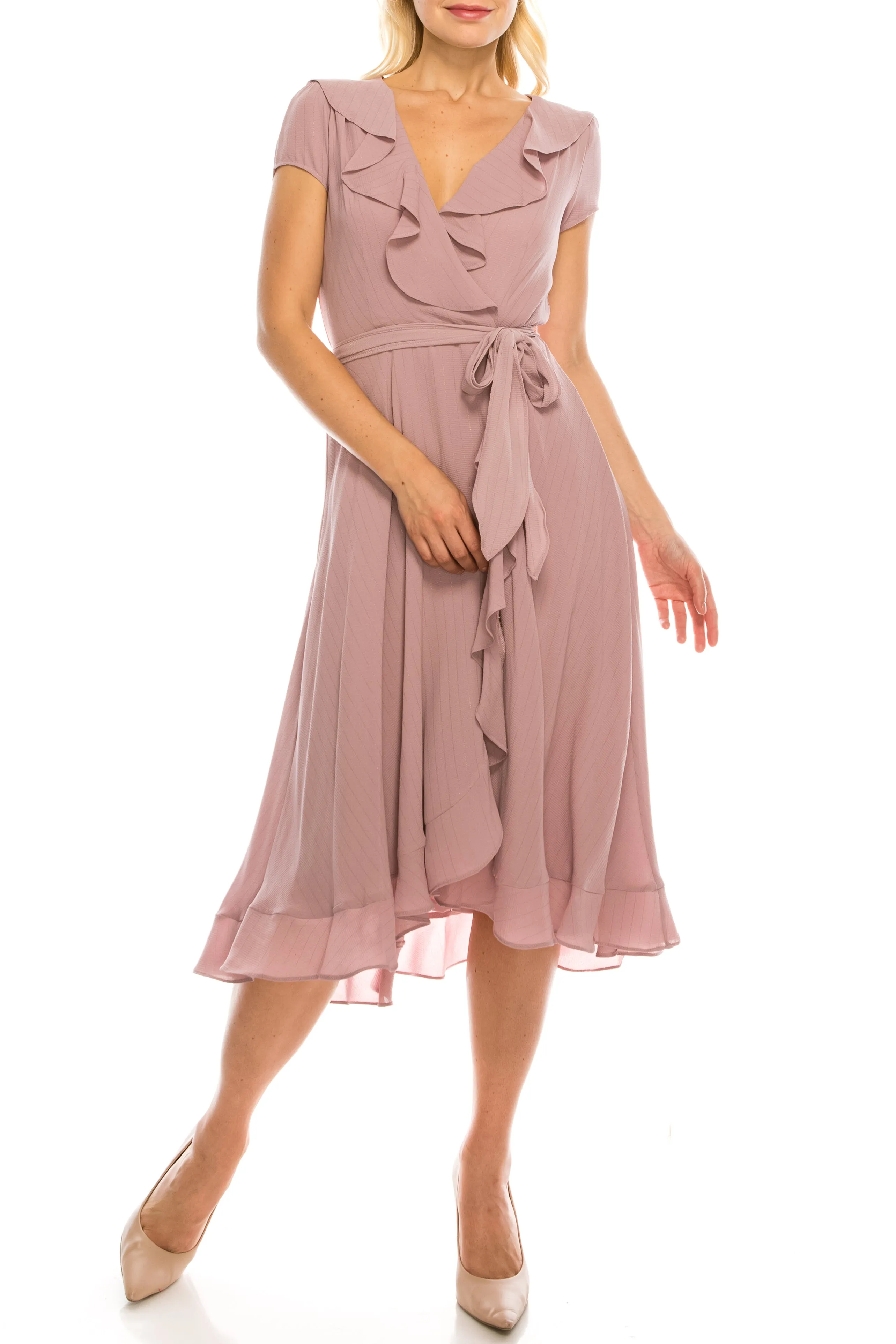 Gabby Skye Metallic Pinstriped Ruffled Midi Faux Wrap Dress (Additional Colors)