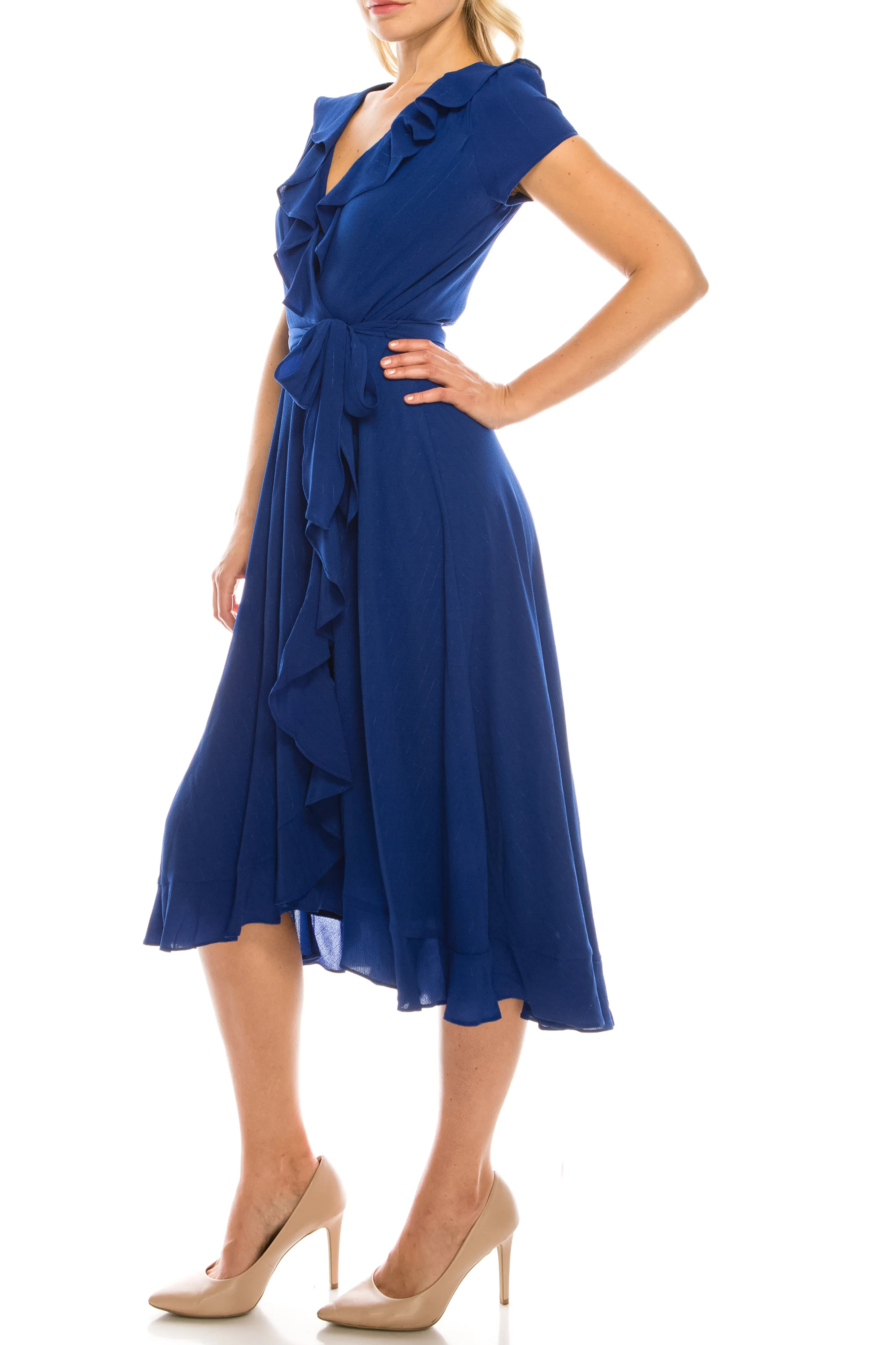 Gabby Skye Metallic Pinstriped Ruffled Midi Faux Wrap Dress (Additional Colors)