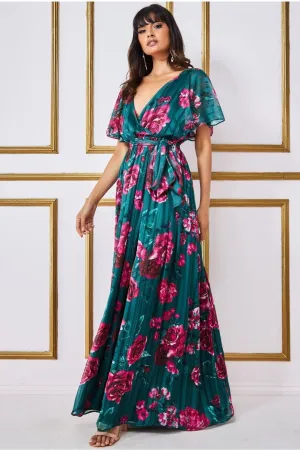 Goddiva Flutter Sleeve Floral Wrap Maxi - Emerald Green