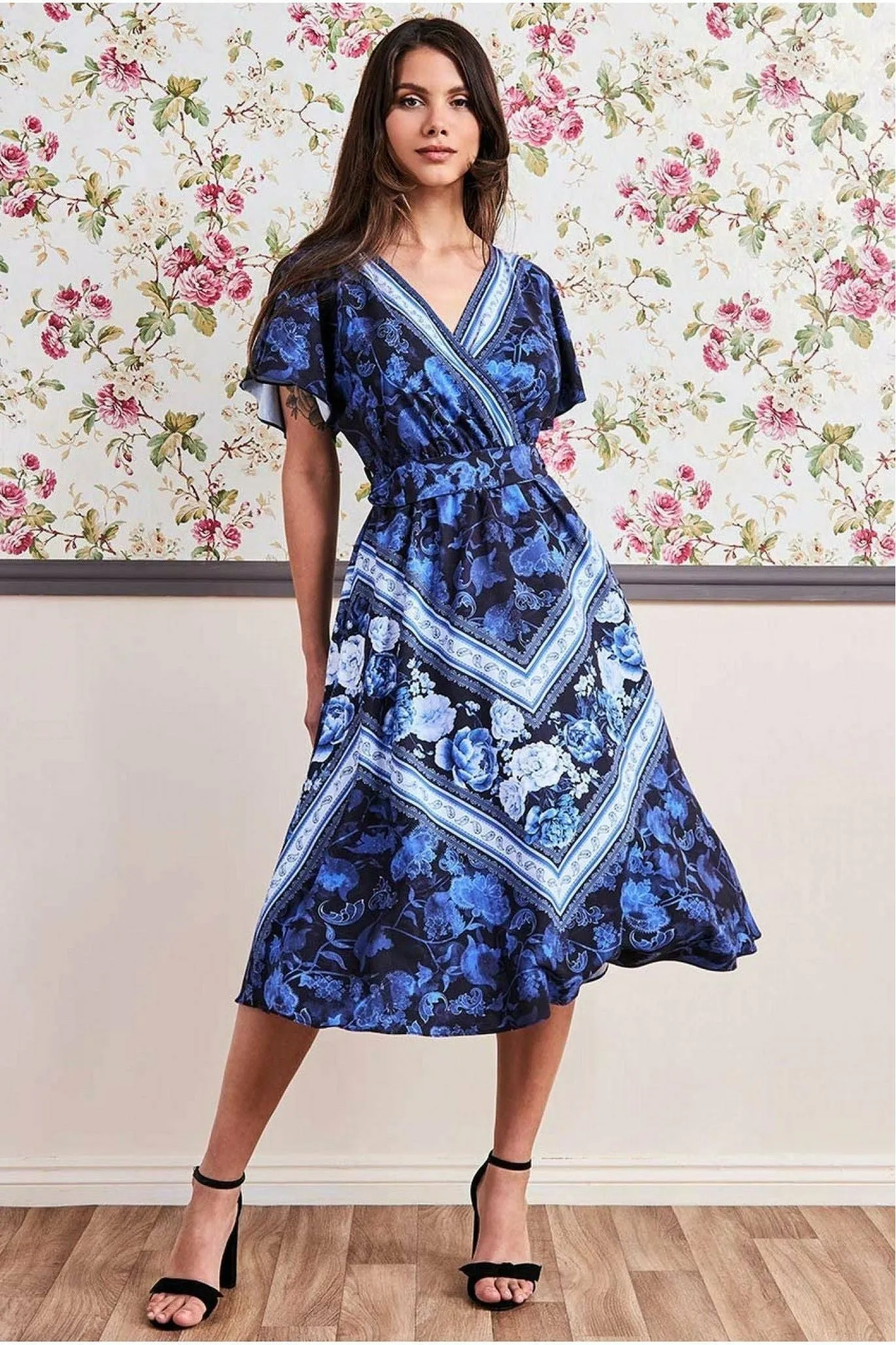 Goddiva Flutter Sleeve Wrap Style Midi Dress - Navy