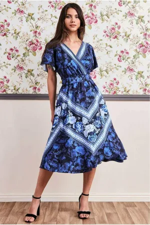 Goddiva Flutter Sleeve Wrap Style Midi Dress - Navy