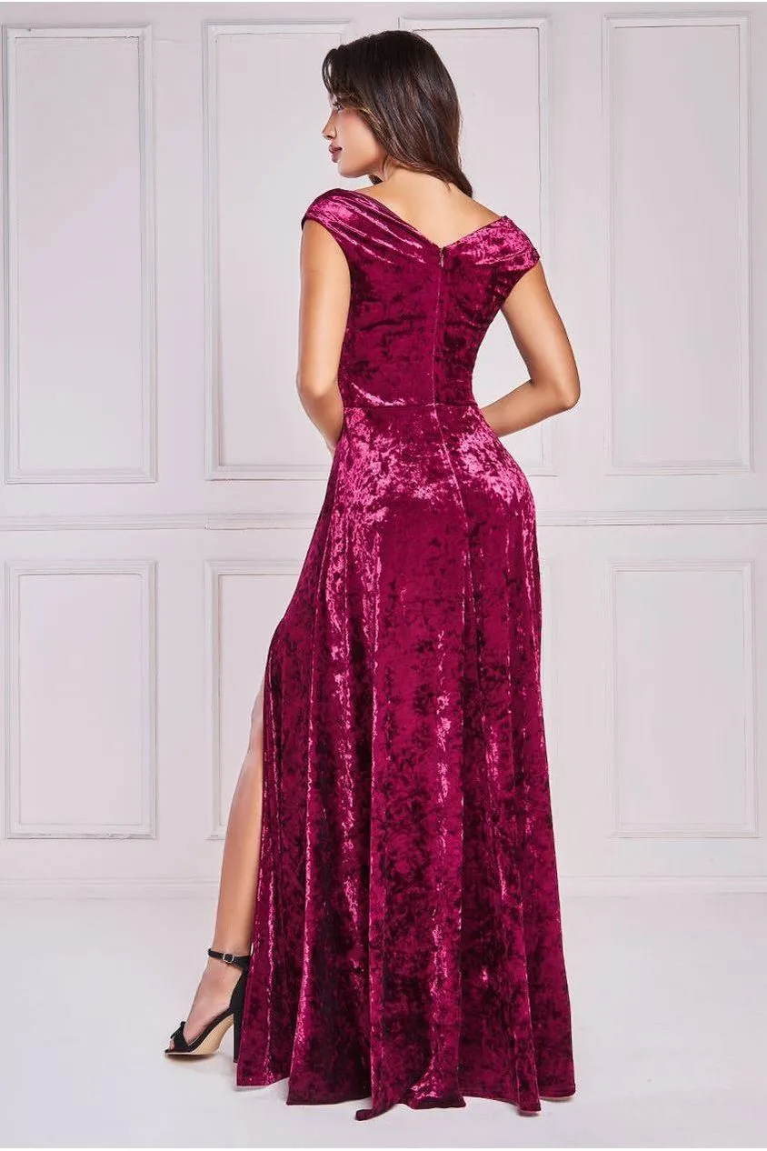 Goddiva Ice Velvet Bardot Wrap Maxi - Burgundy