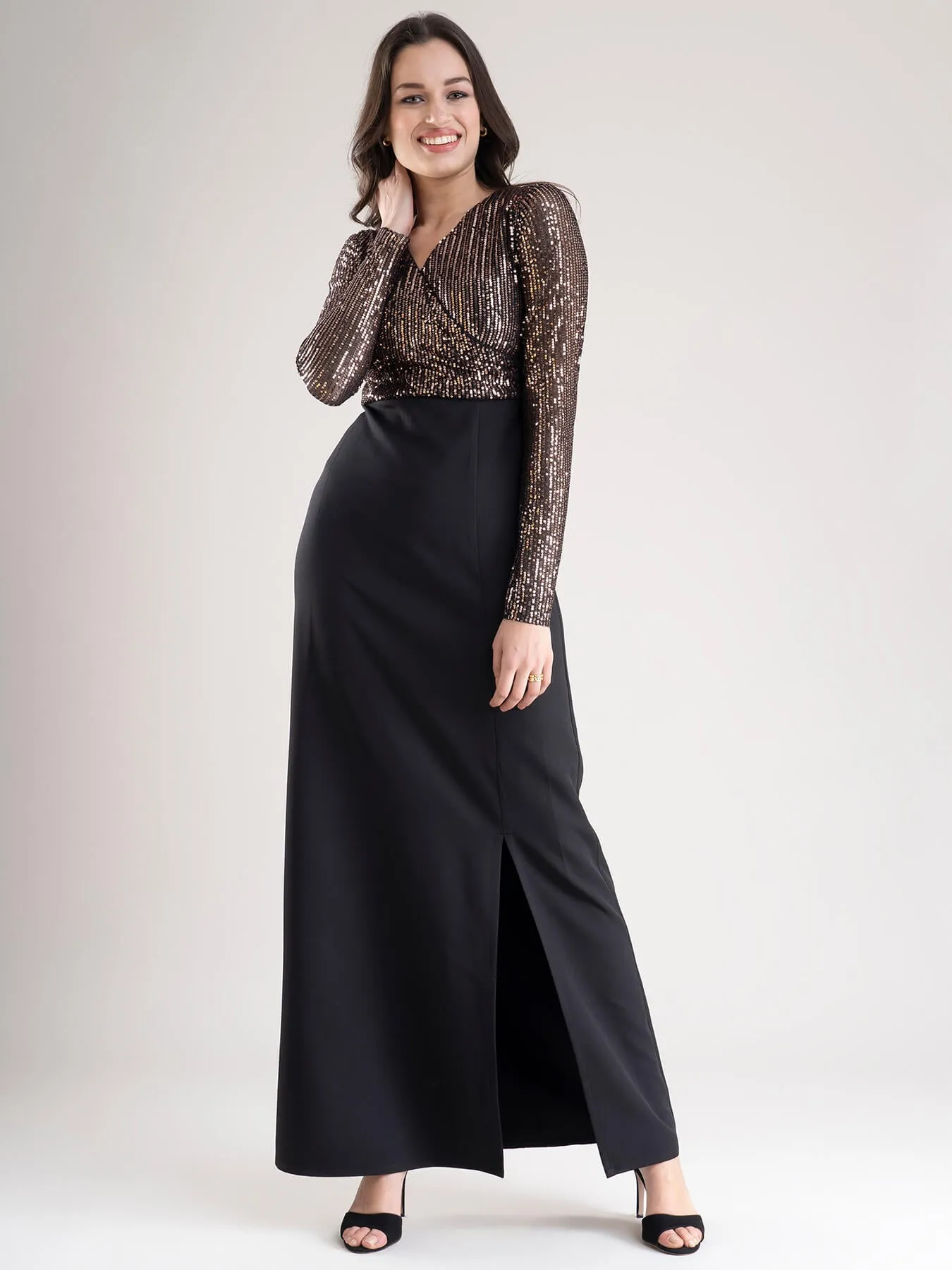 Golden Sequin Wrap Maxi Dress - Golden and Black