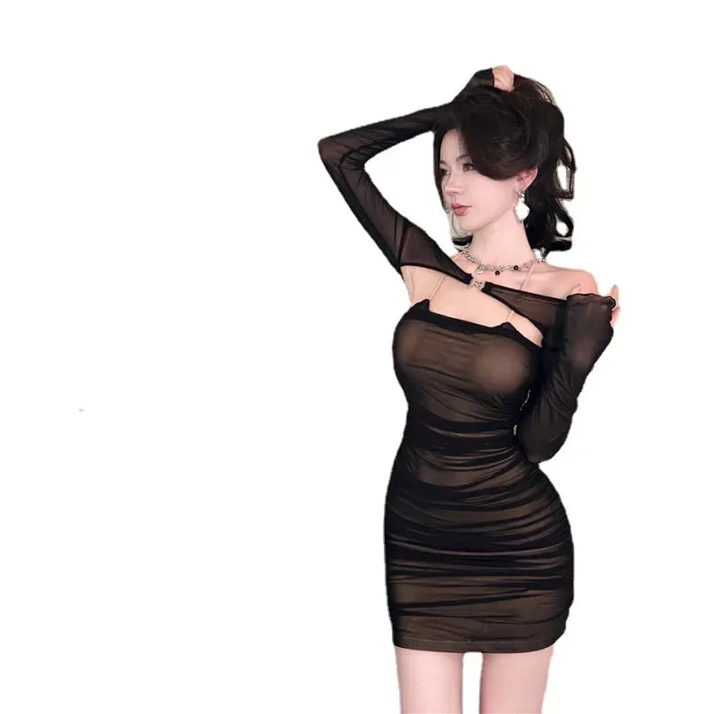 Goth Black Mesh Sling Wrap Hip Dress