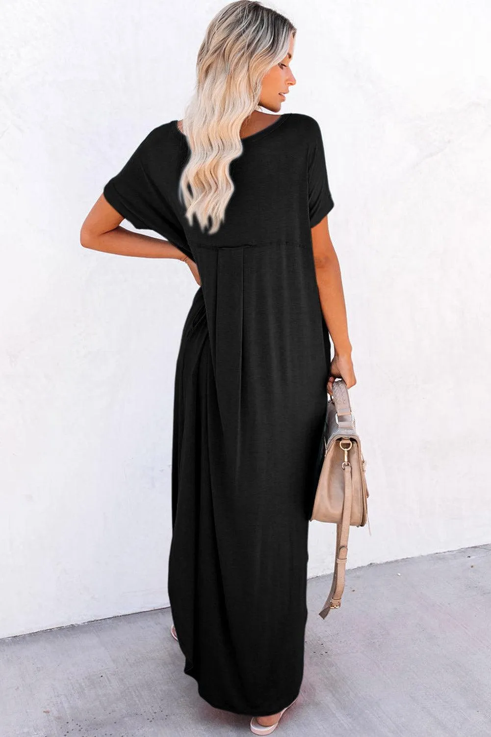 Grass Green Solid Color Hidden Pocket V Neck Slit Maxi Dress
