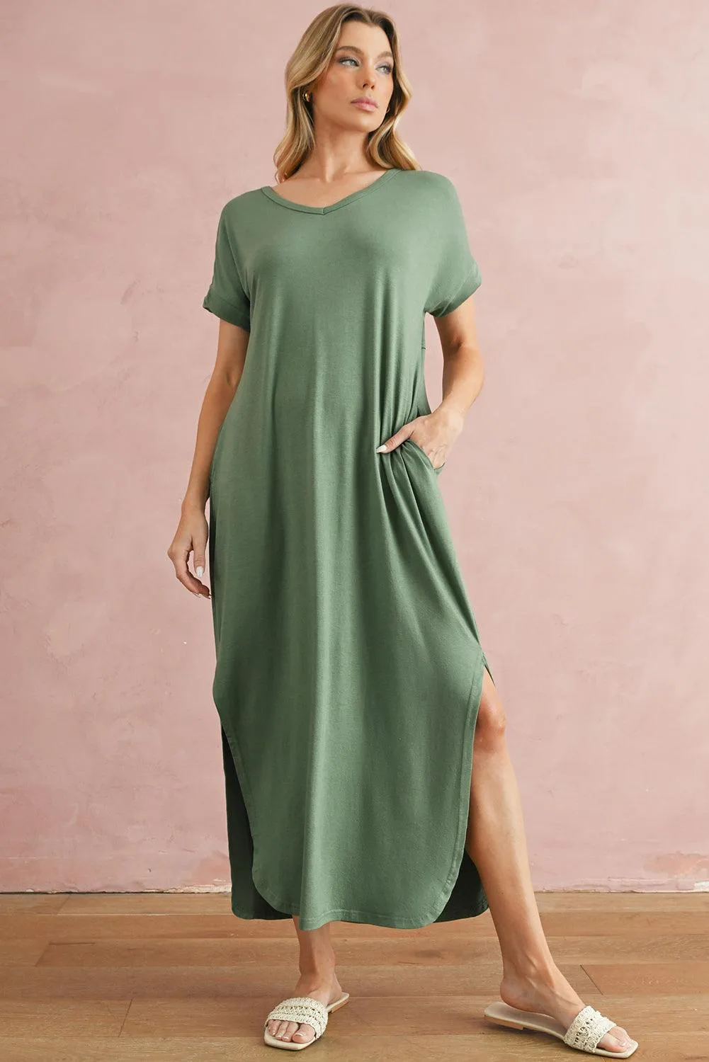 Grass Green Solid Color Hidden Pocket V Neck Slit Maxi Dress