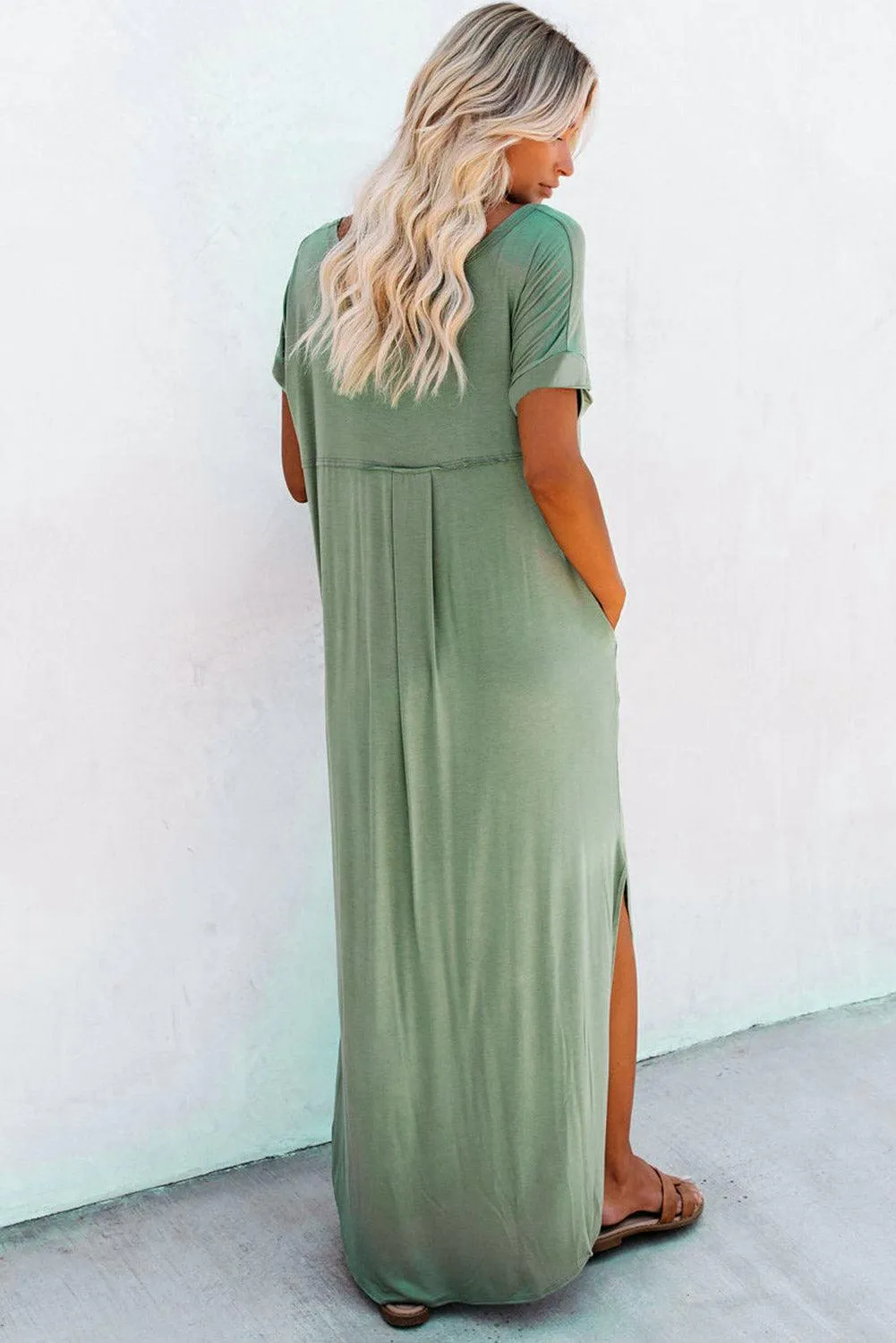 Grass Green Solid Color Hidden Pocket V Neck Slit Maxi Dress