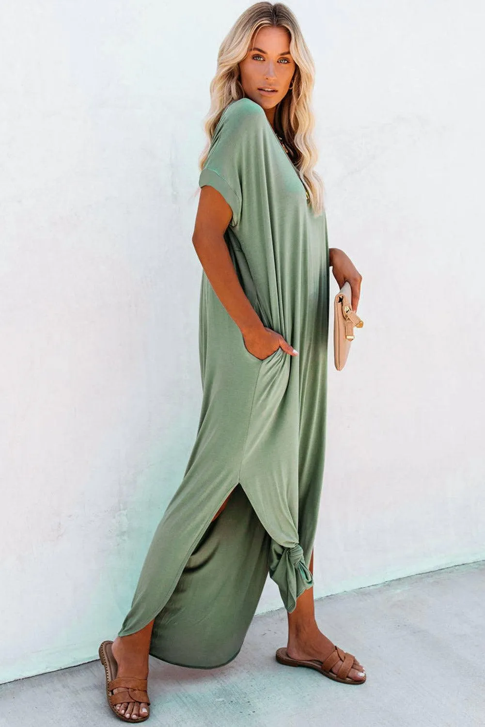 Grass Green Solid Color Hidden Pocket V Neck Slit Maxi Dress