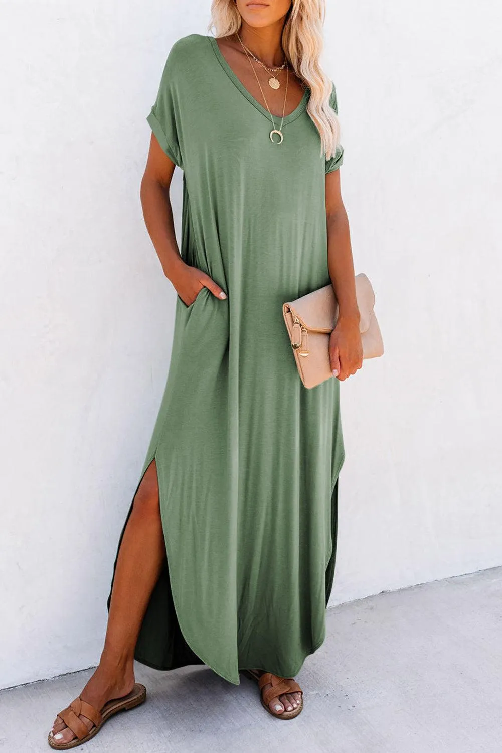 Grass Green Solid Color Hidden Pocket V Neck Slit Maxi Dress
