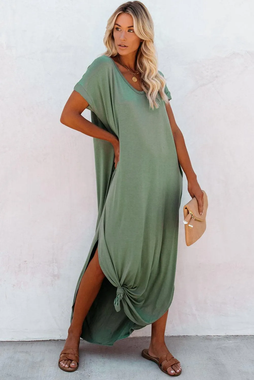 Grass Green Solid Color Hidden Pocket V Neck Slit Maxi Dress