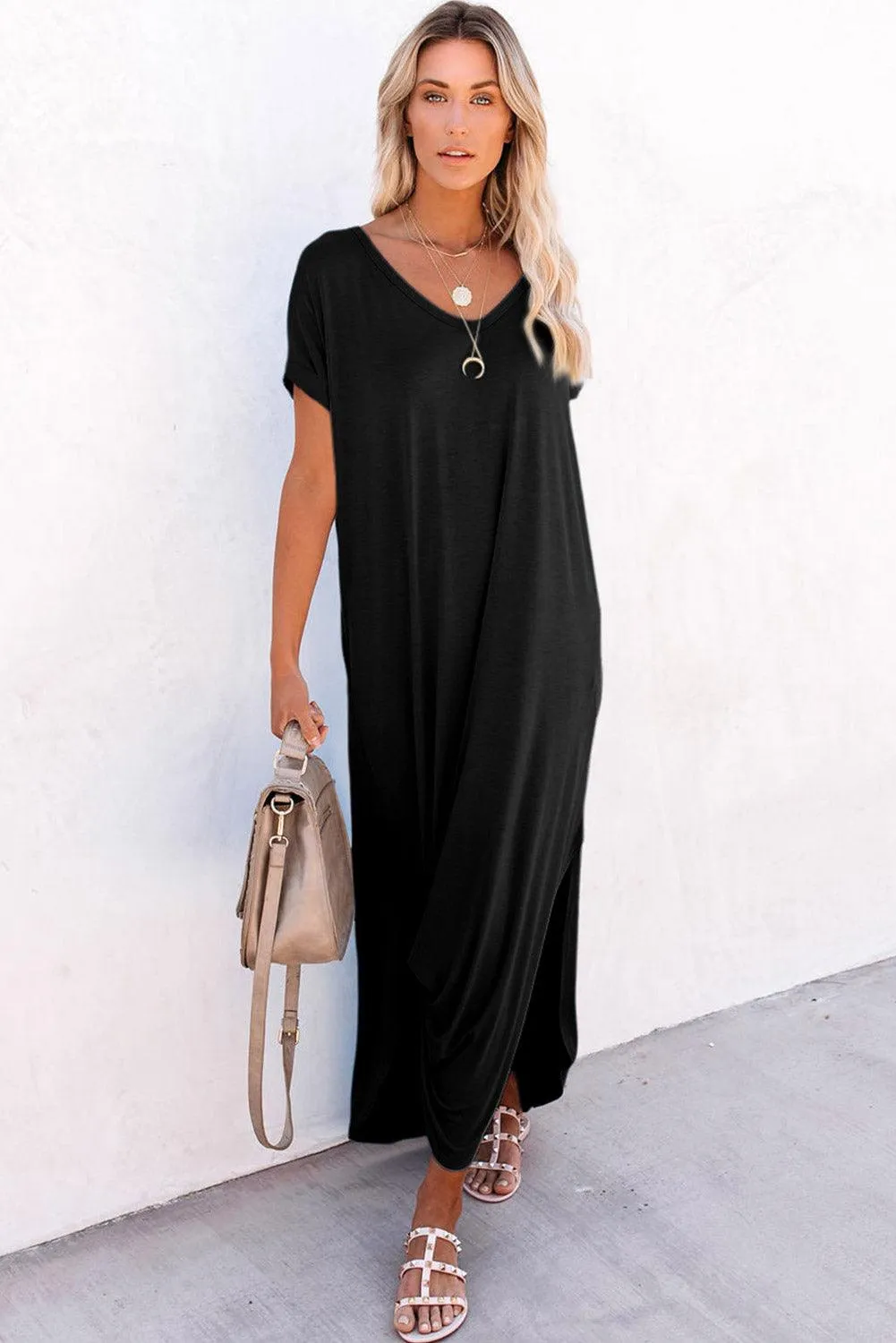 Grass Green Solid Color Hidden Pocket V Neck Slit Maxi Dress